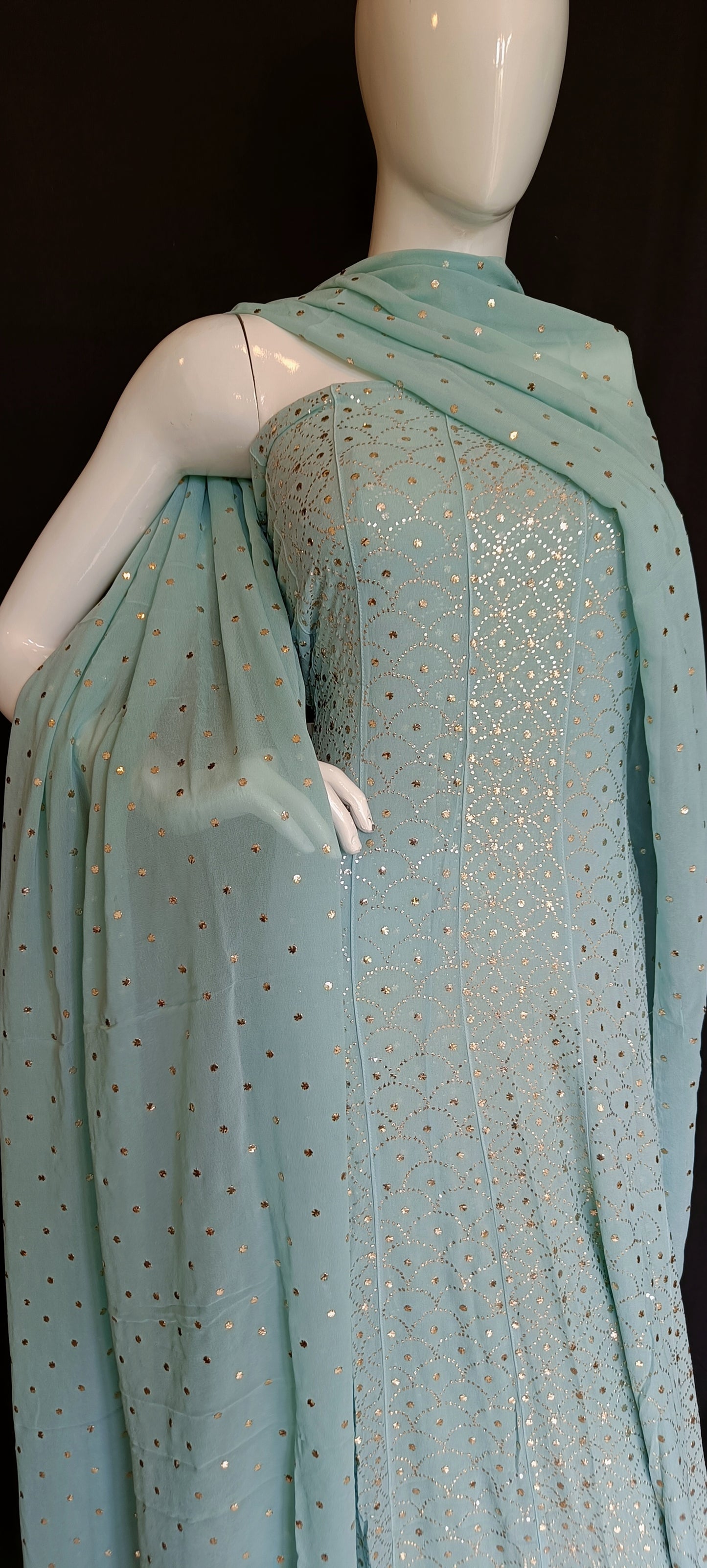 Ocean Blue Allover Heavy Mukaish Georgette Anarkali with Dupatta