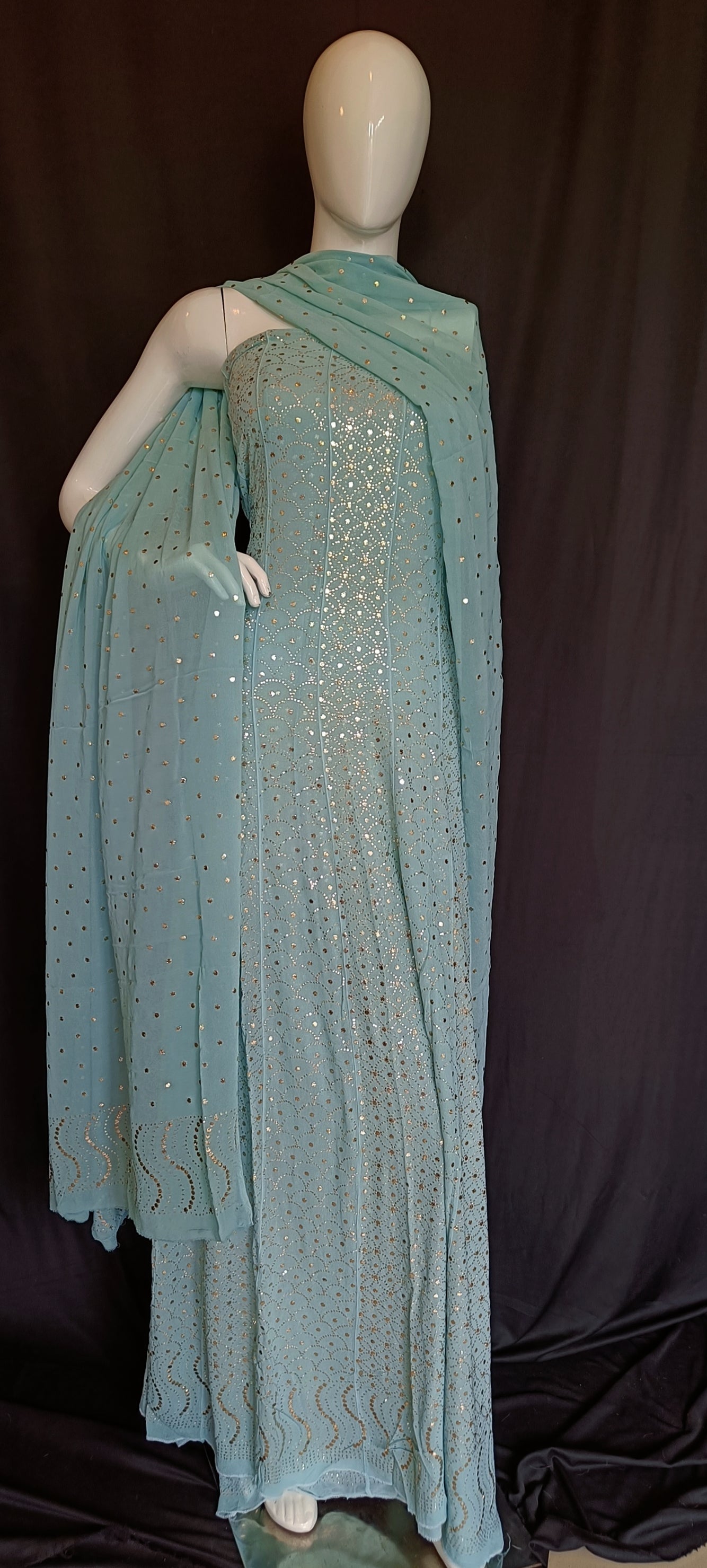 Ocean Blue Allover Heavy Mukaish Georgette Anarkali with Dupatta