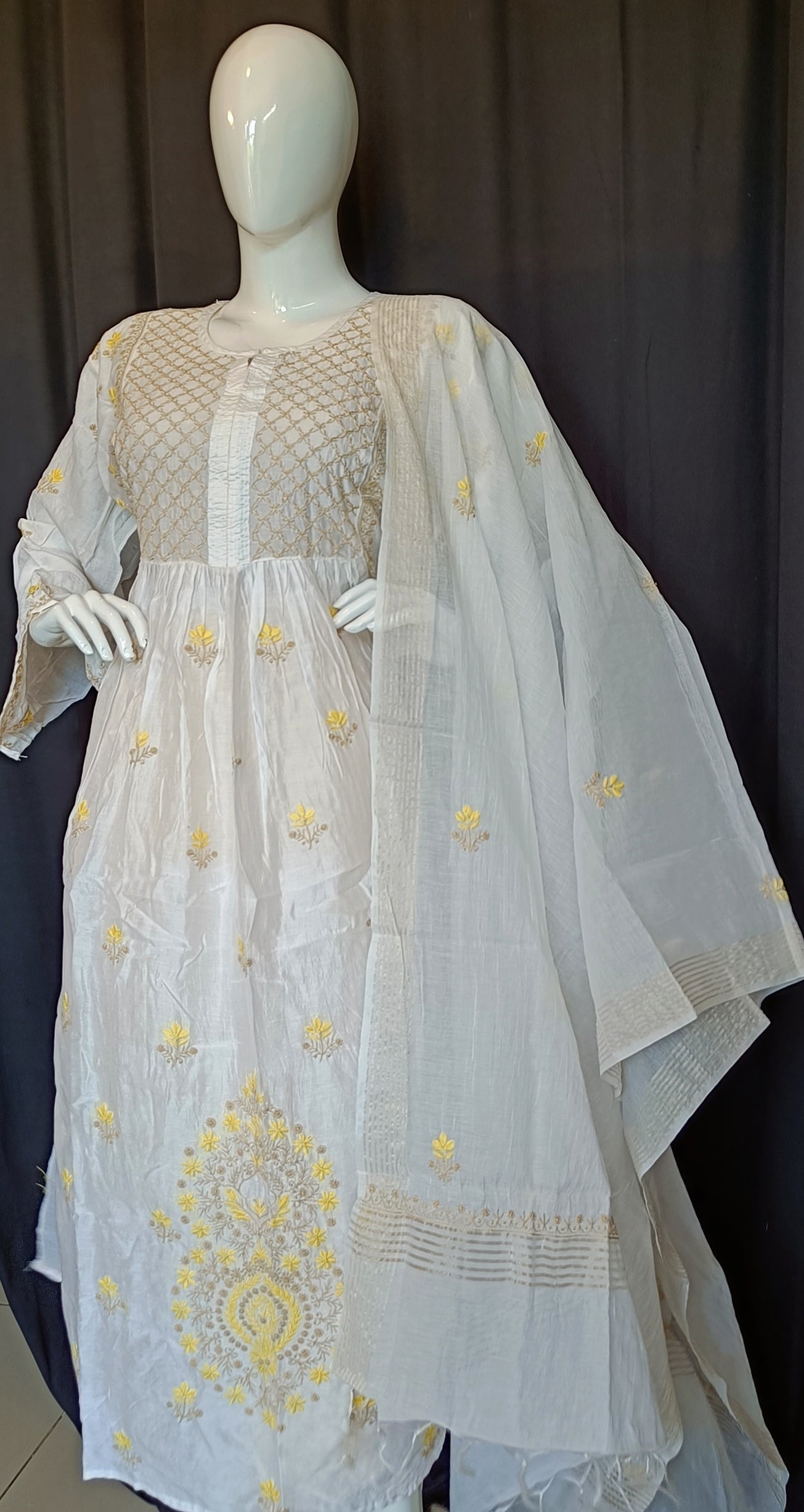 Off White Mul Chanderi A Line Chikankari Kurta and Dupatta