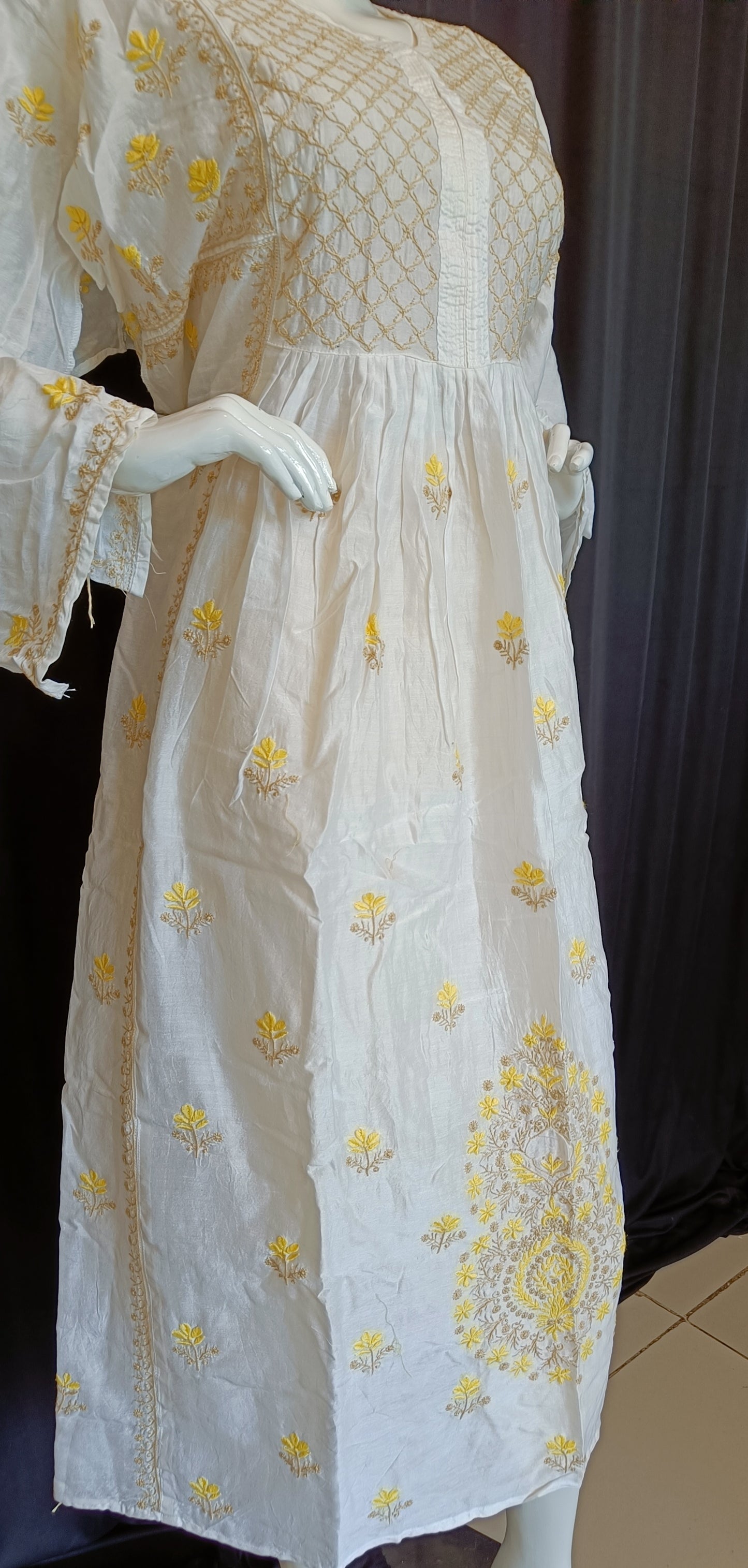 Off White Mul Chanderi A Line Chikankari Kurta and Dupatta