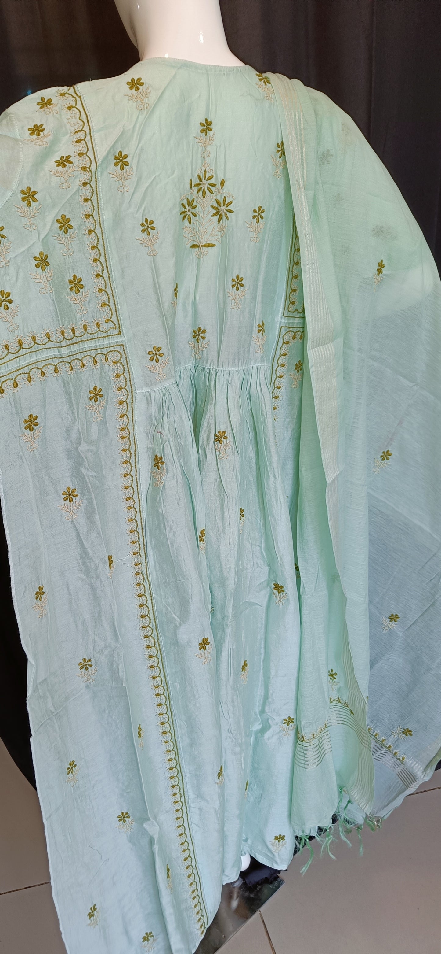 Mint Green Mul Chanderi A Line Chikankari Kurta and Dupatta