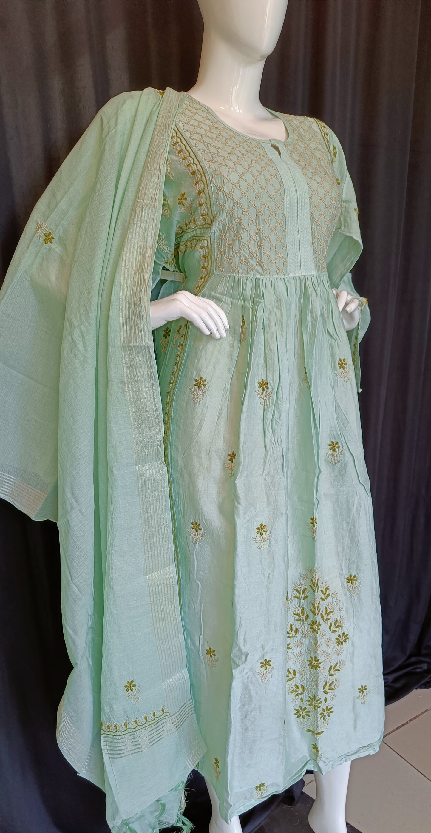 Mint Green Mul Chanderi A Line Chikankari Kurta and Dupatta