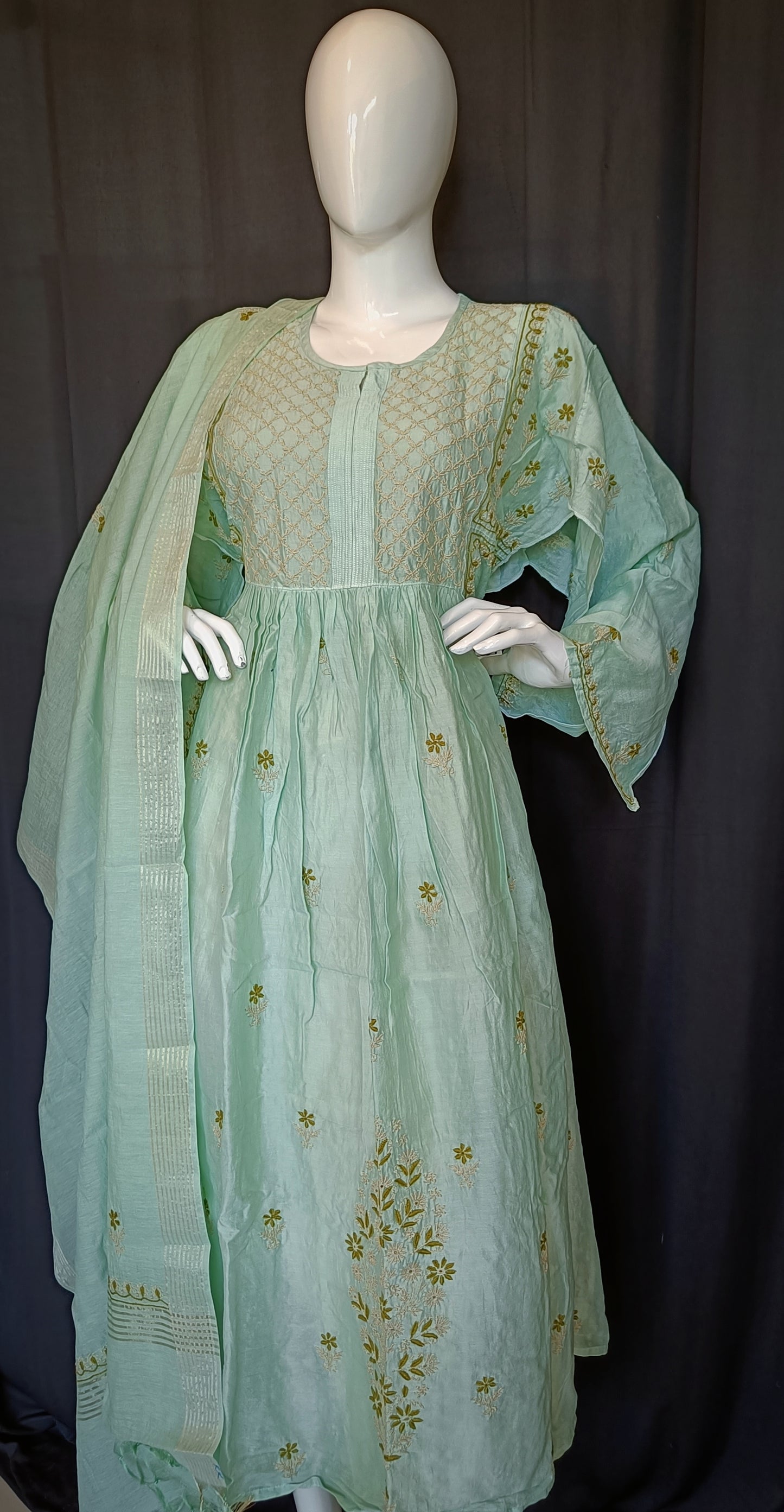 Mint Green Mul Chanderi A Line Chikankari Kurta and Dupatta