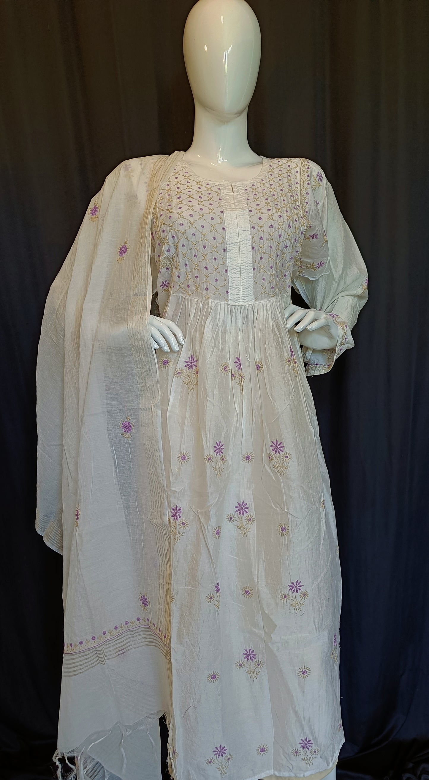Off White Mul Chanderi A Line Chikankari Kurta and Dupatta