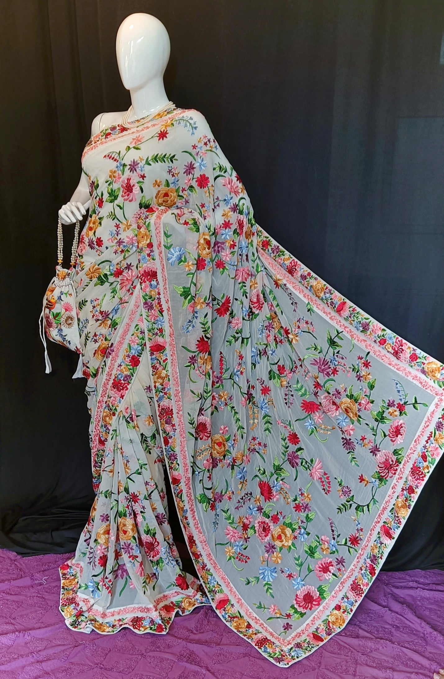 Off White Floral Bouquet Parsi Gara Pure Georgette Saree