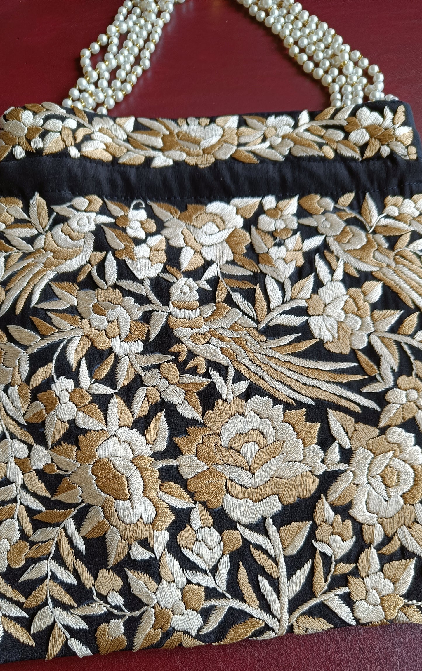 Black and Beige Hand Embroidered Parsi Gara Potli