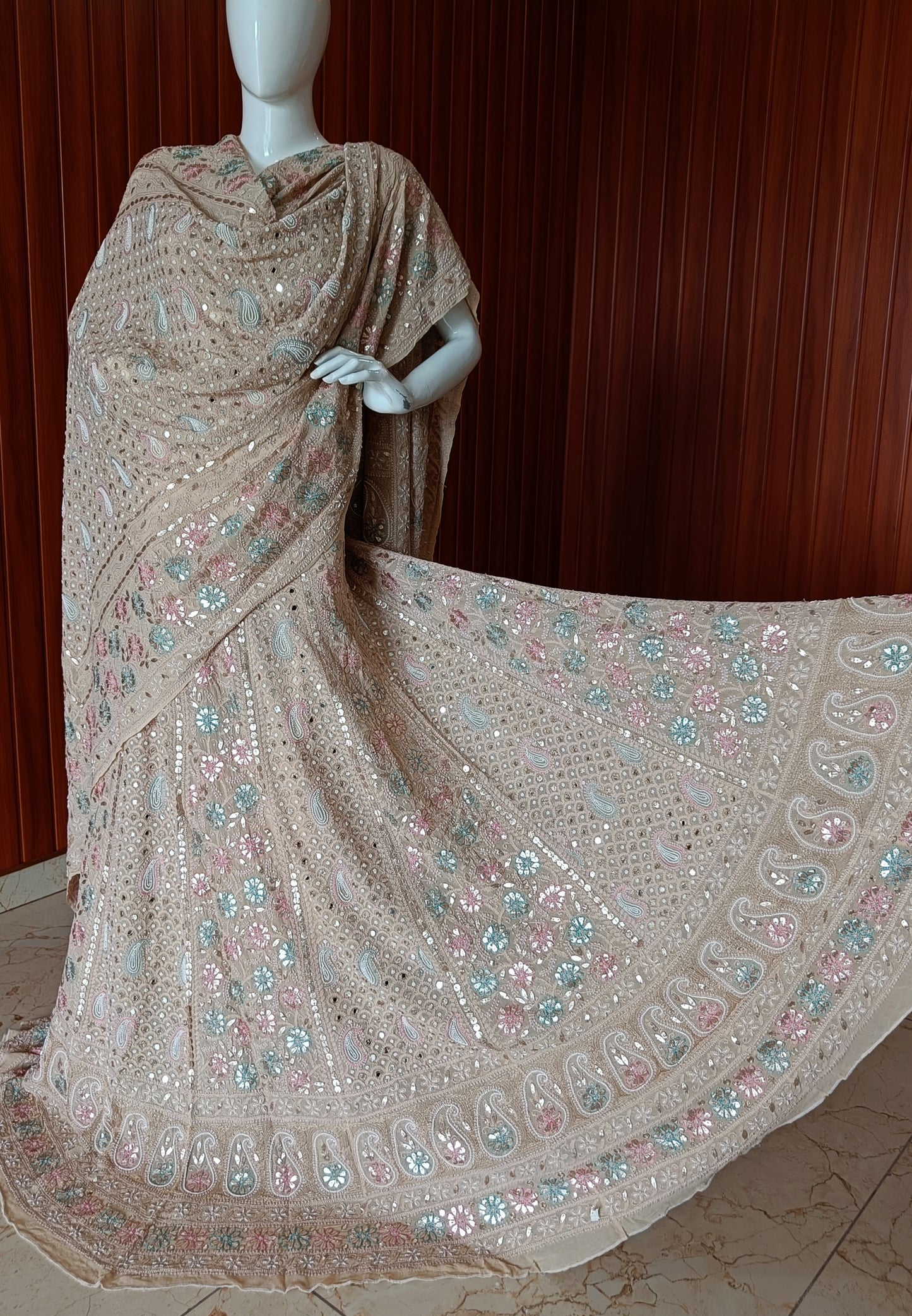 Ruhani Chikankari Mirror Pearl Gota and Multicolored Aari Work Wedding Lehenga