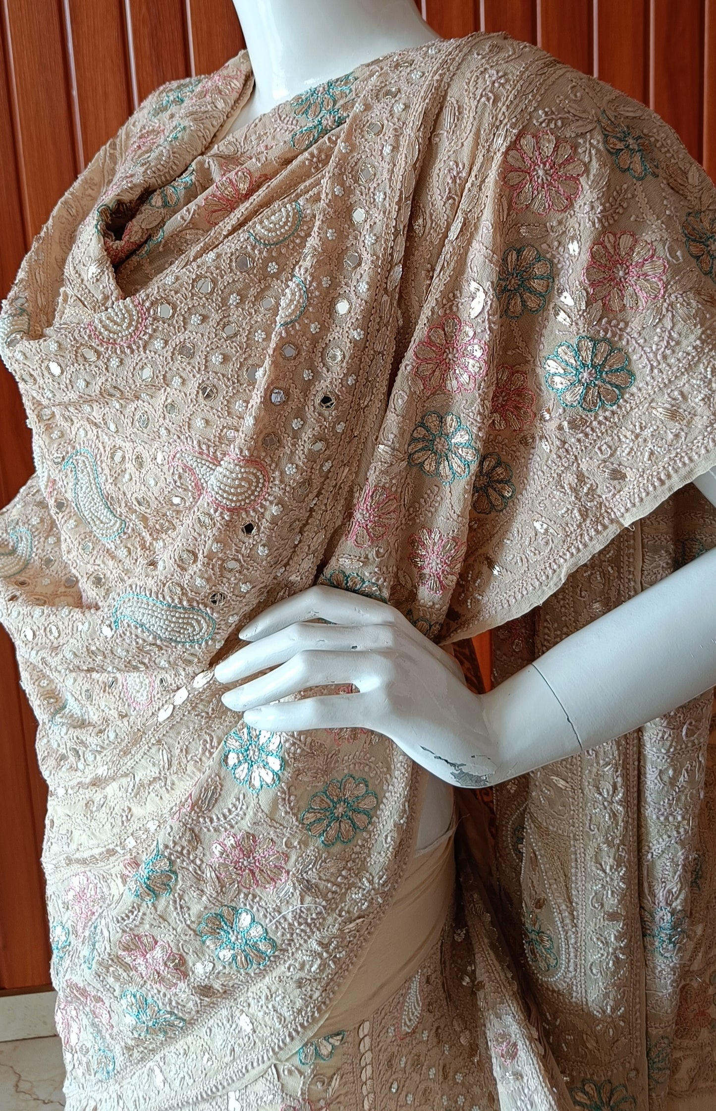 Ruhani Chikankari Mirror Pearl Gota and Multicolored Aari Work Wedding Lehenga
