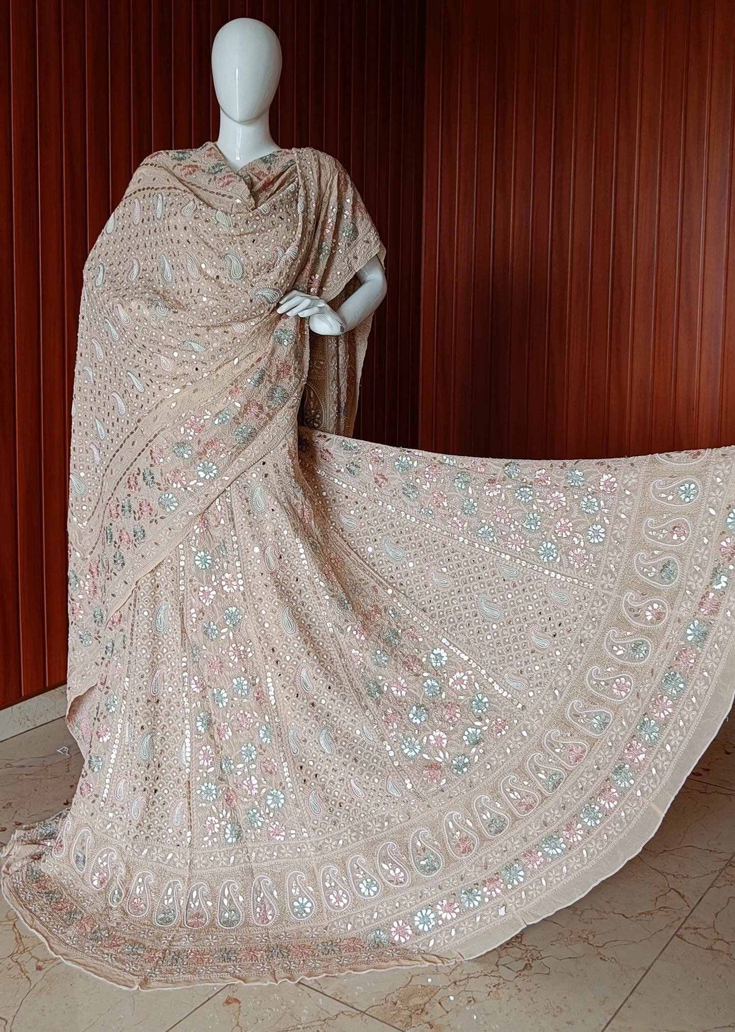 Ruhani Chikankari Mirror Pearl Gota and Multicolored Aari Work Wedding Lehenga