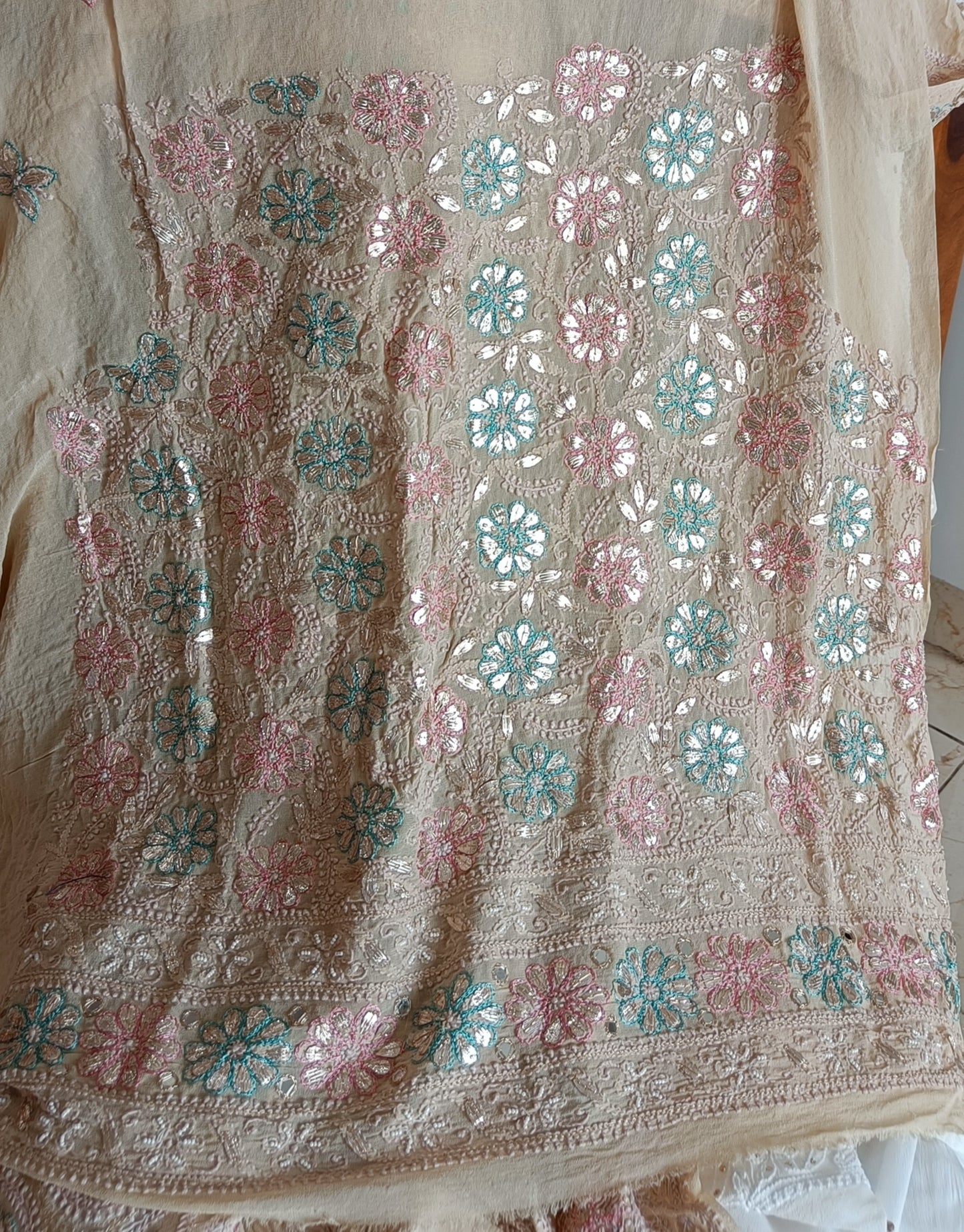 Ruhani Chikankari Mirror Pearl Gota and Multicolored Aari Work Wedding Lehenga