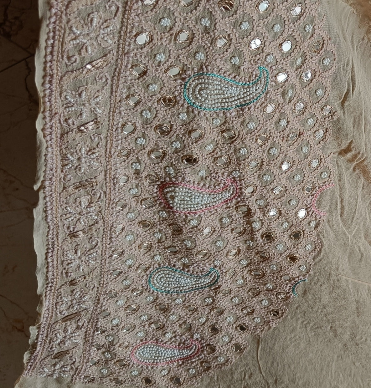 Ruhani Chikankari Mirror Pearl Gota and Multicolored Aari Work Wedding Lehenga