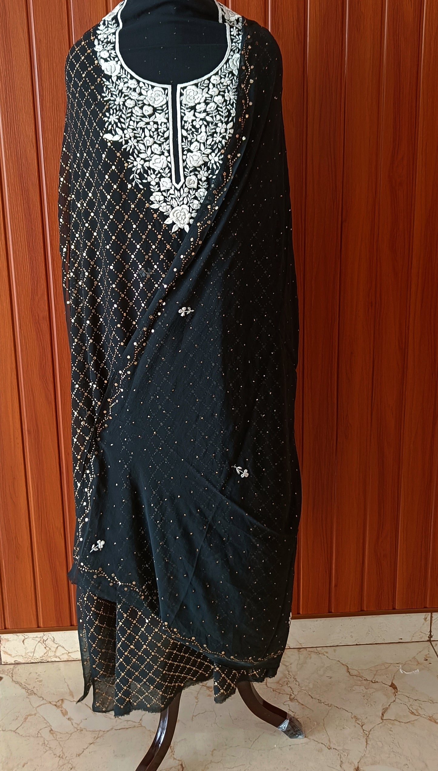 Black Parsi Gara & Allover Mukaish Kurta and Dupatta Set