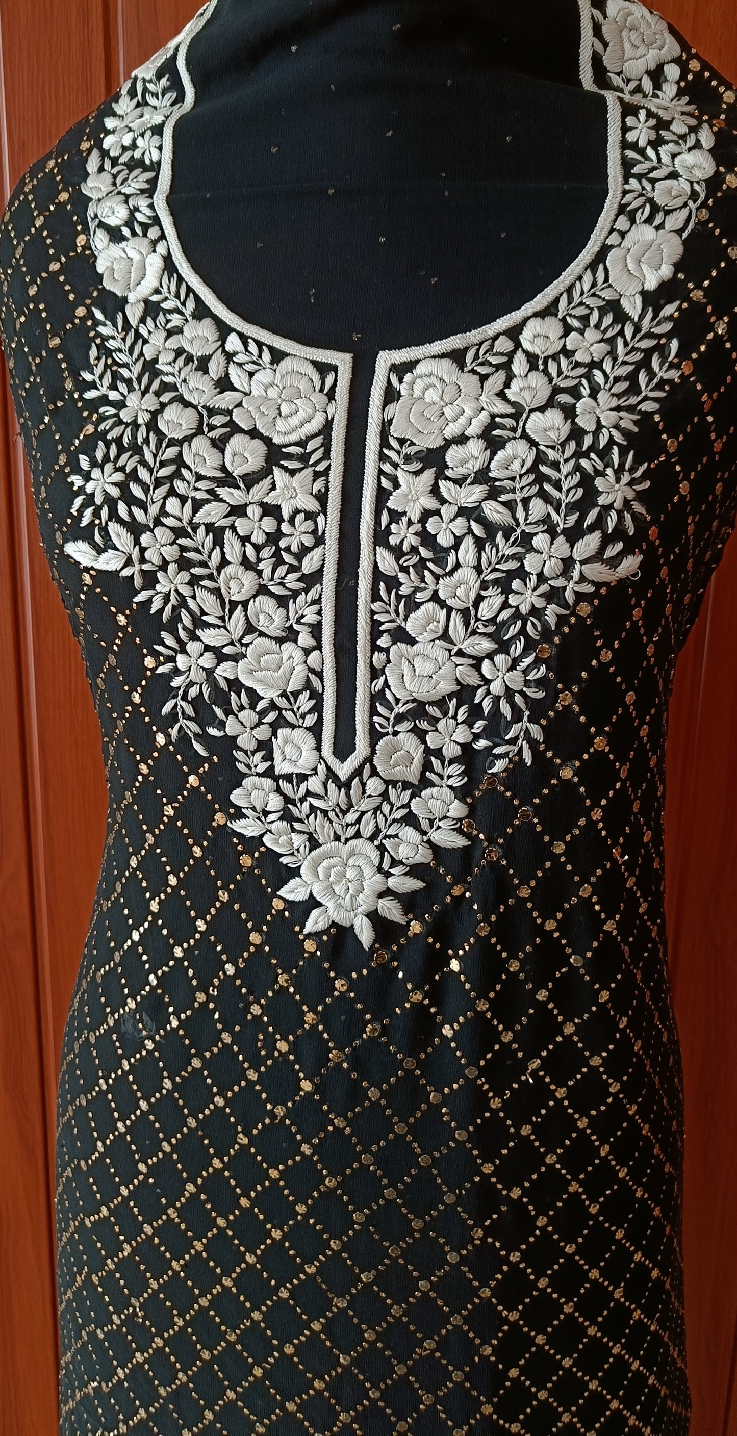 Black Parsi Gara & Allover Mukaish Kurta and Dupatta Set