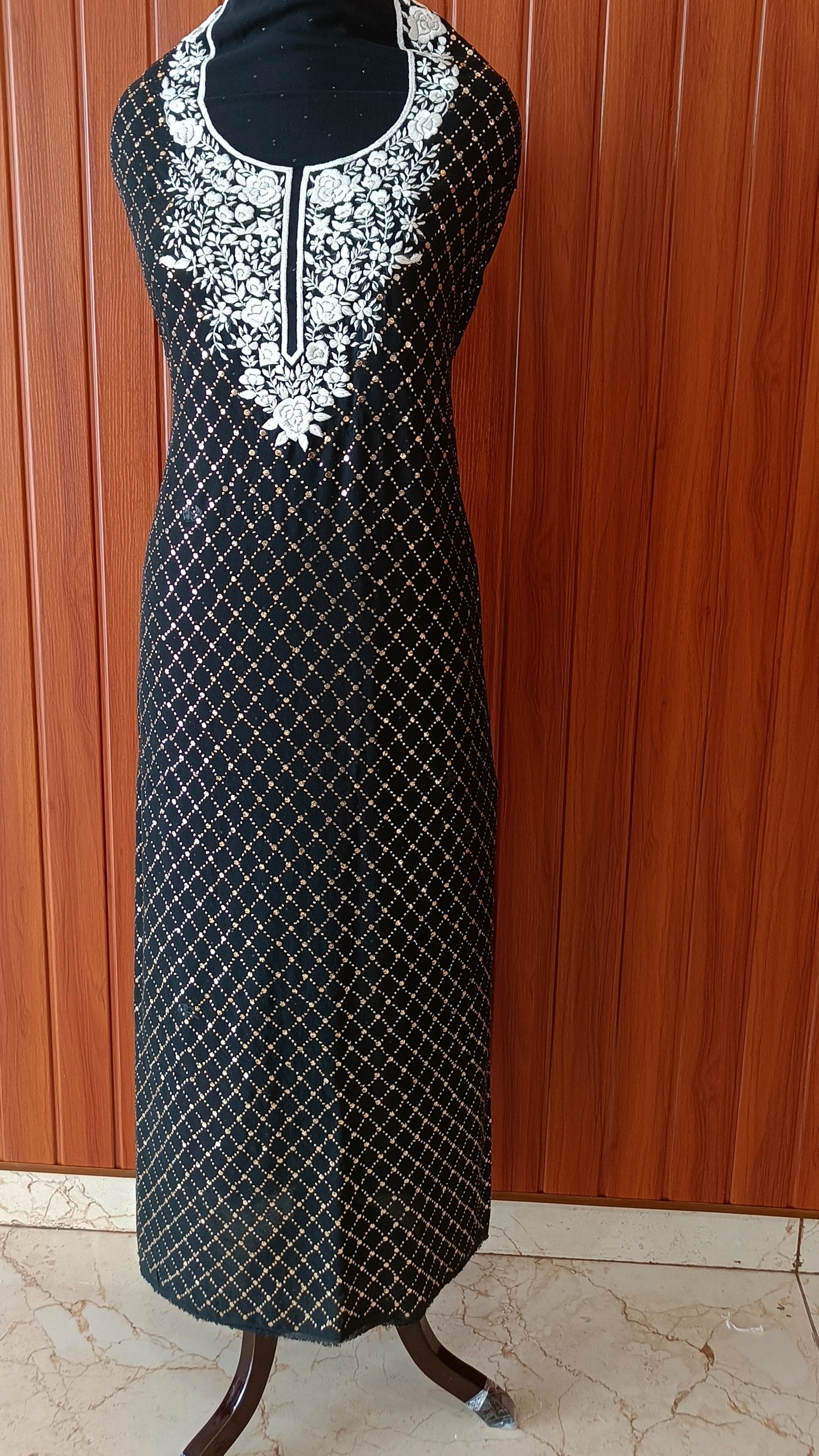 Black Parsi Gara & Allover Mukaish Kurta and Dupatta Set