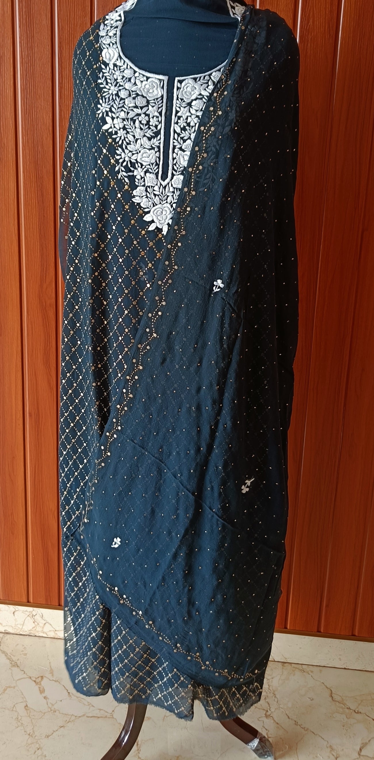 Navy Blue Parsi Gara & Allover Mukaish Kurta and Dupatta Set
