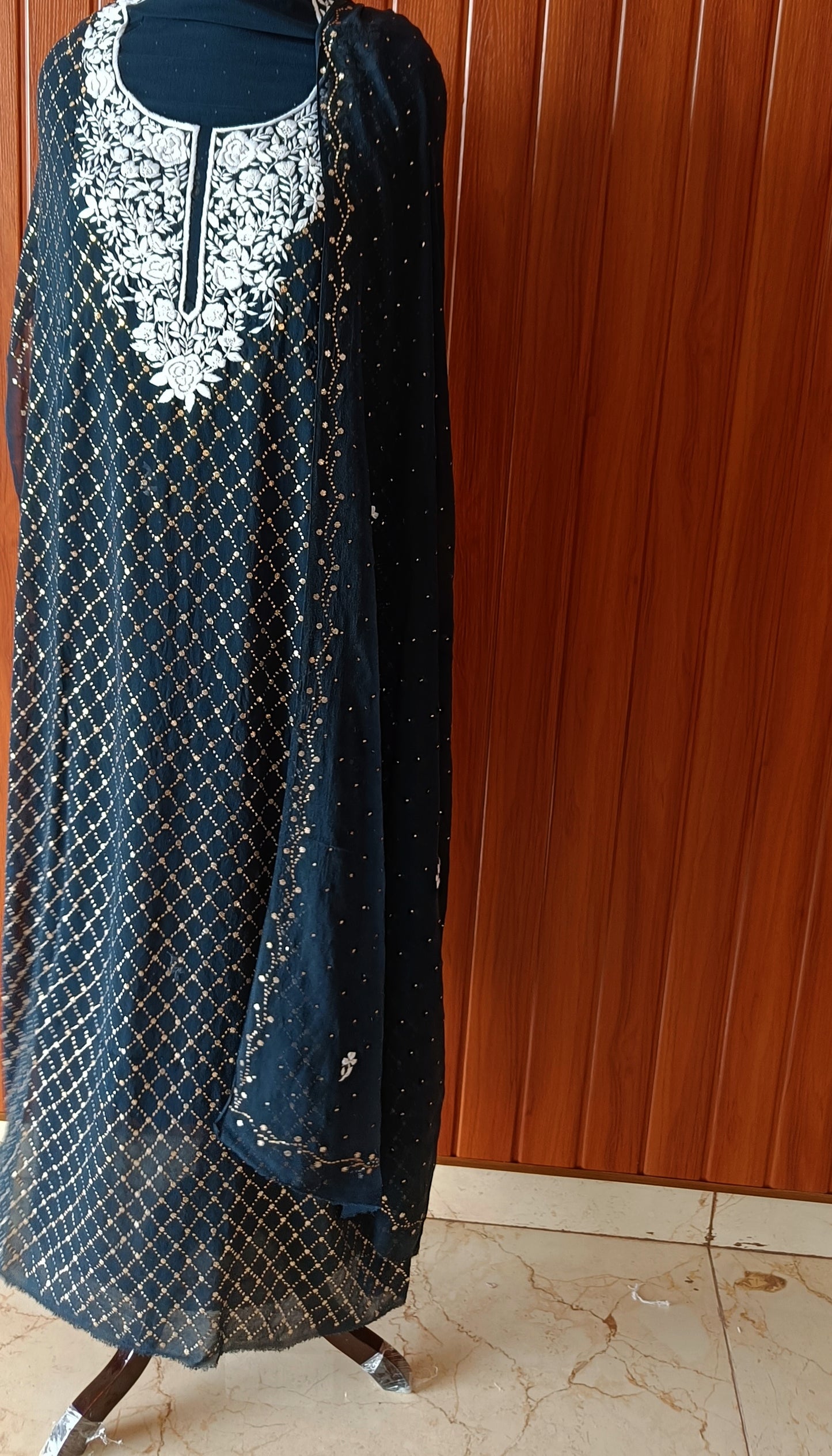 Navy Blue Parsi Gara & Allover Mukaish Kurta and Dupatta Set