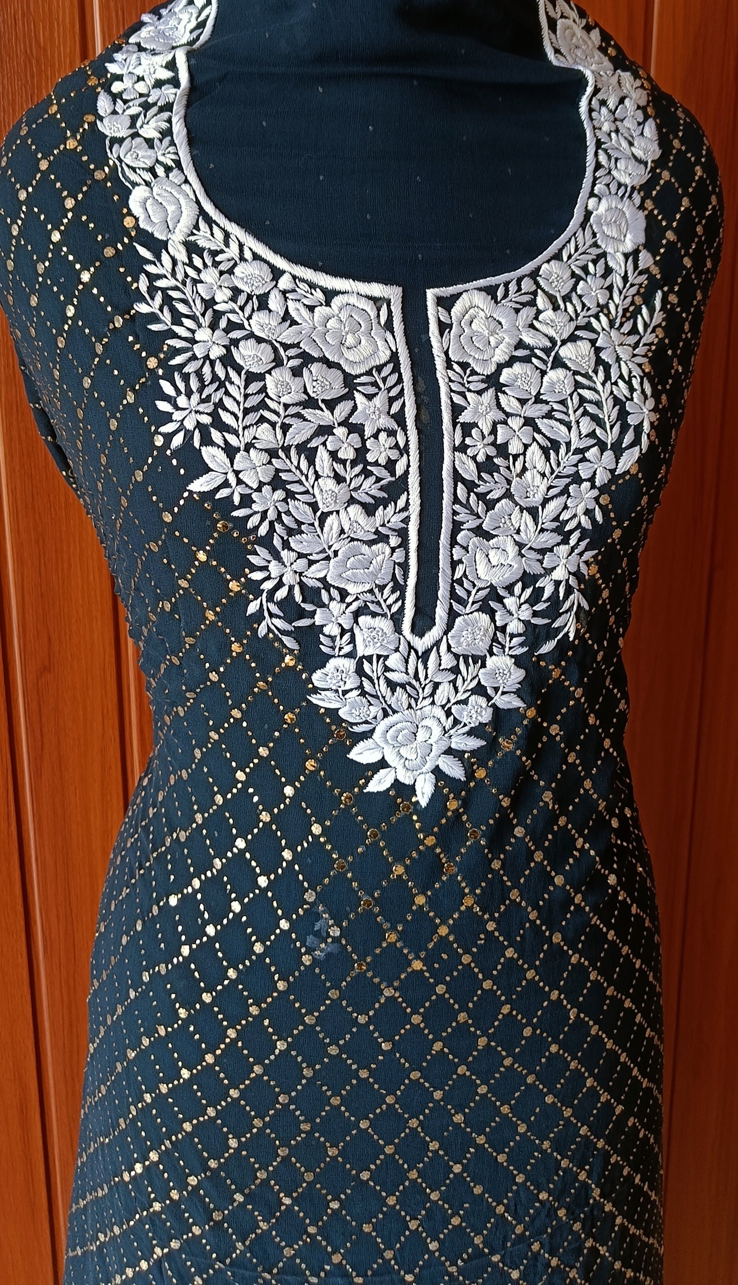 Navy Blue Parsi Gara & Allover Mukaish Kurta and Dupatta Set