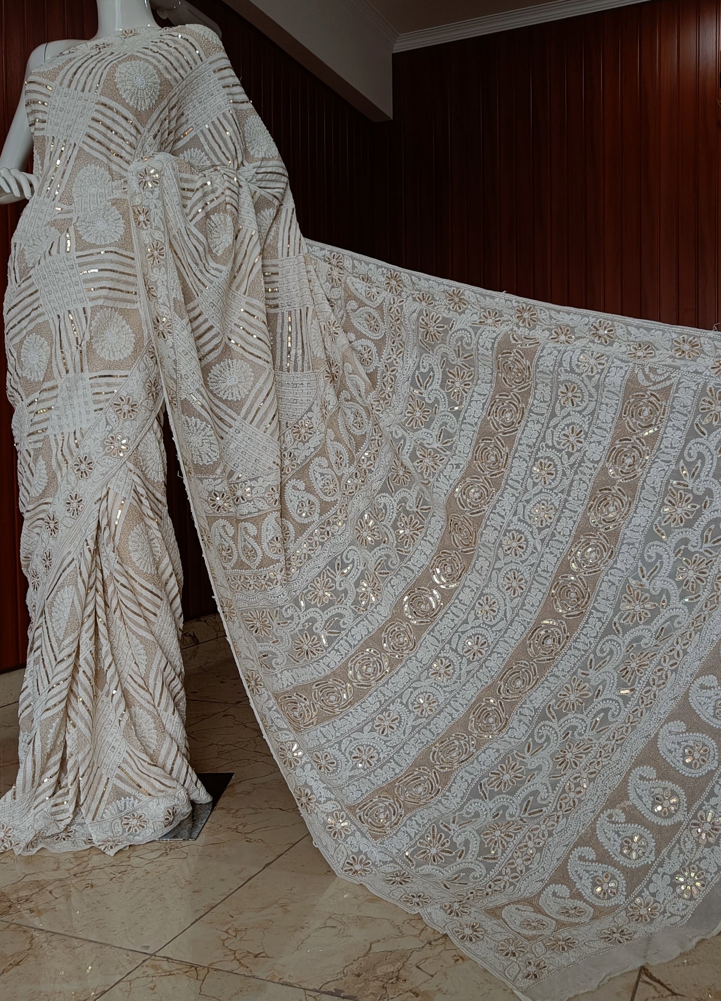 Ruhani Ivory Chikankari Saree with heavy Sequins Pearl and Aari Embroidery