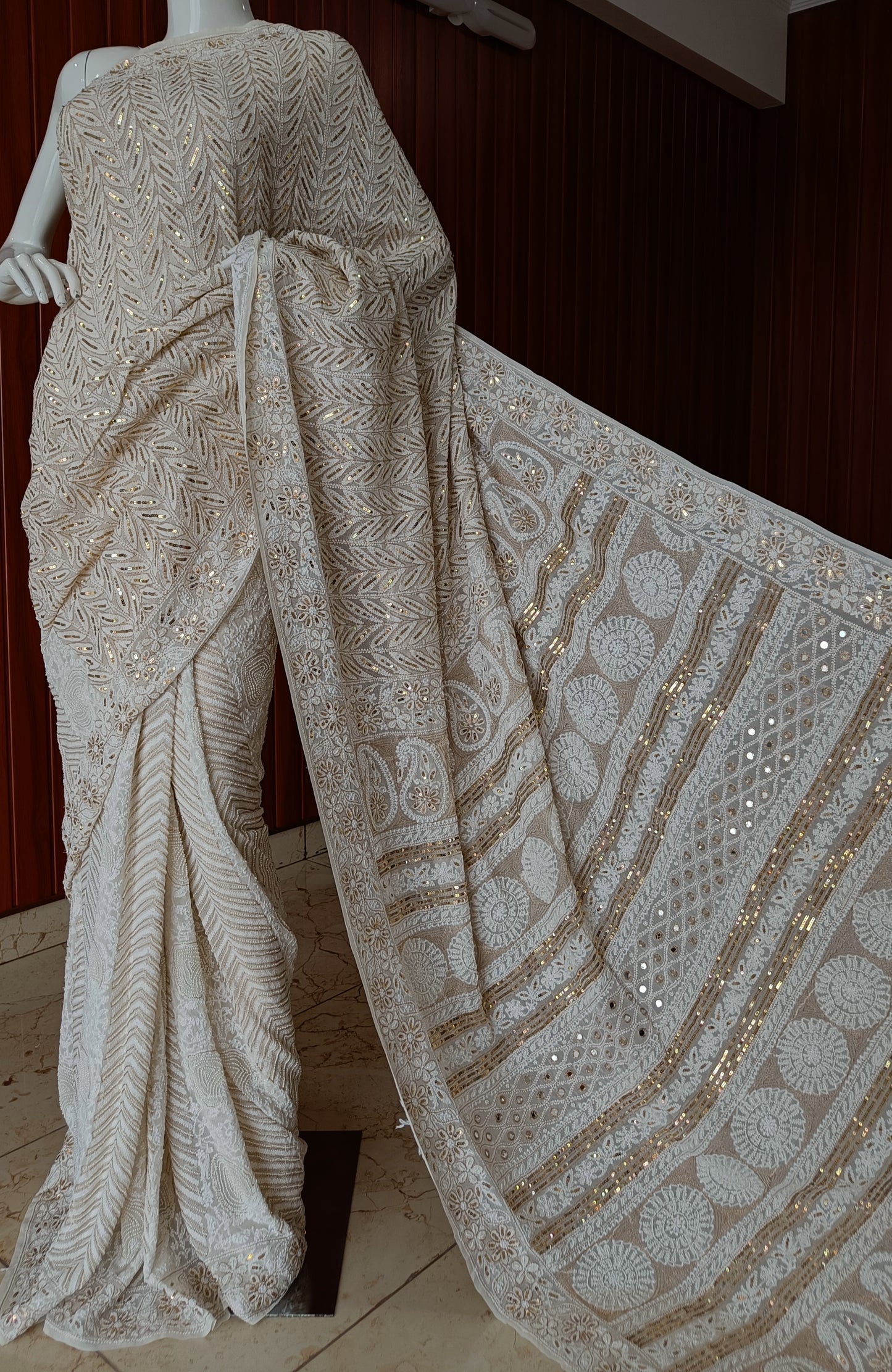 Ruhani Ivory Chikankari Saree with heavy Sequins Pearl and Aari Embroidery