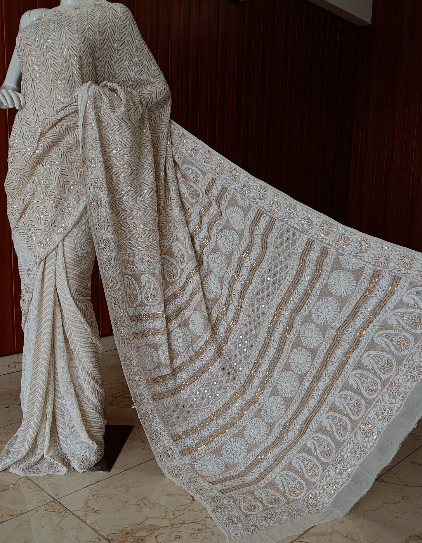 Ruhani Ivory Chikankari Saree with heavy Sequins Pearl and Aari Embroidery