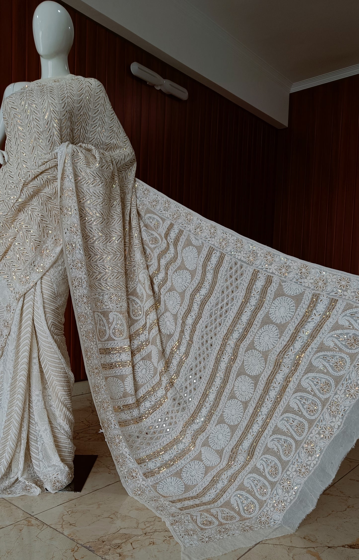 Ruhani Ivory Chikankari Saree with heavy Sequins Pearl and Aari Embroidery