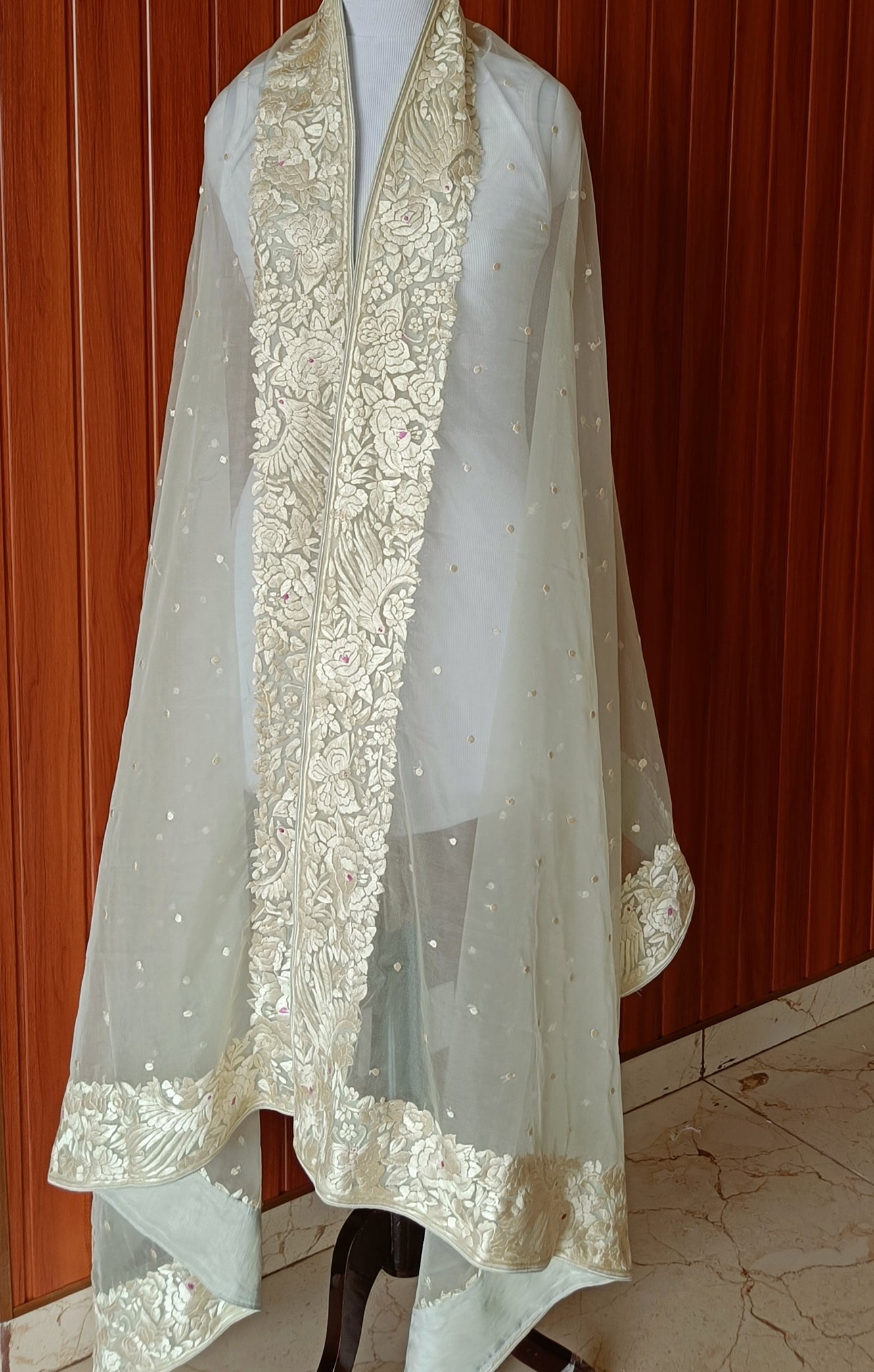 Mint Green Organza Dupatta with Parsi Gara Hand Embroidery