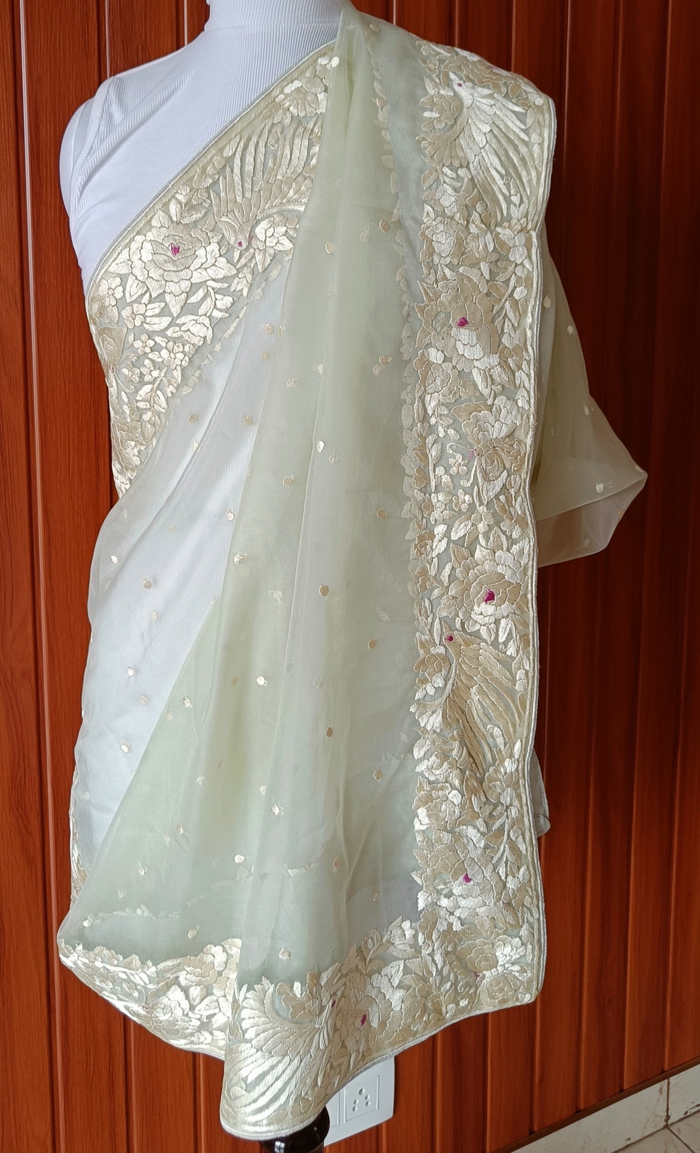 Mint Green Organza Dupatta with Parsi Gara Hand Embroidery