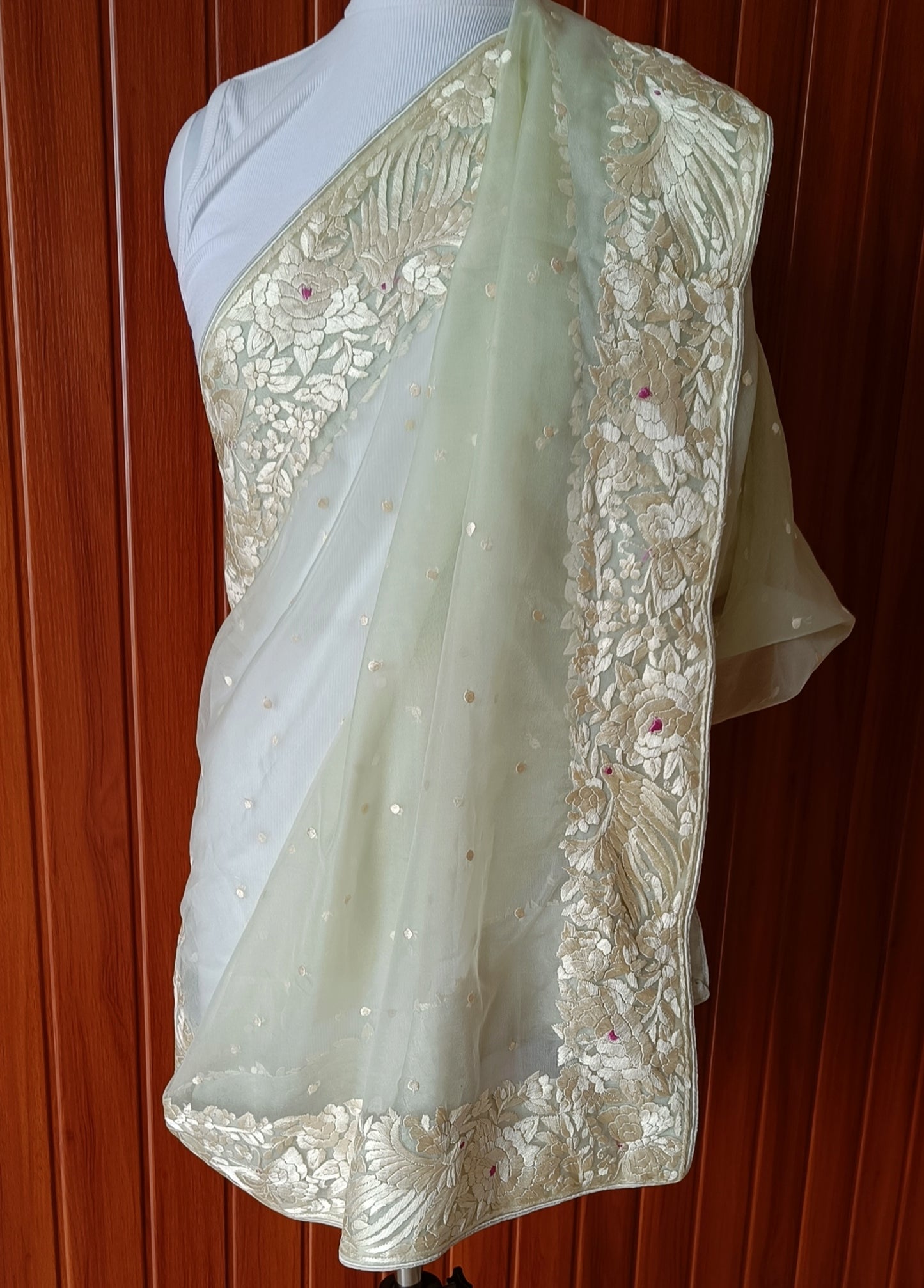 Mint Green Organza Dupatta with Parsi Gara Hand Embroidery