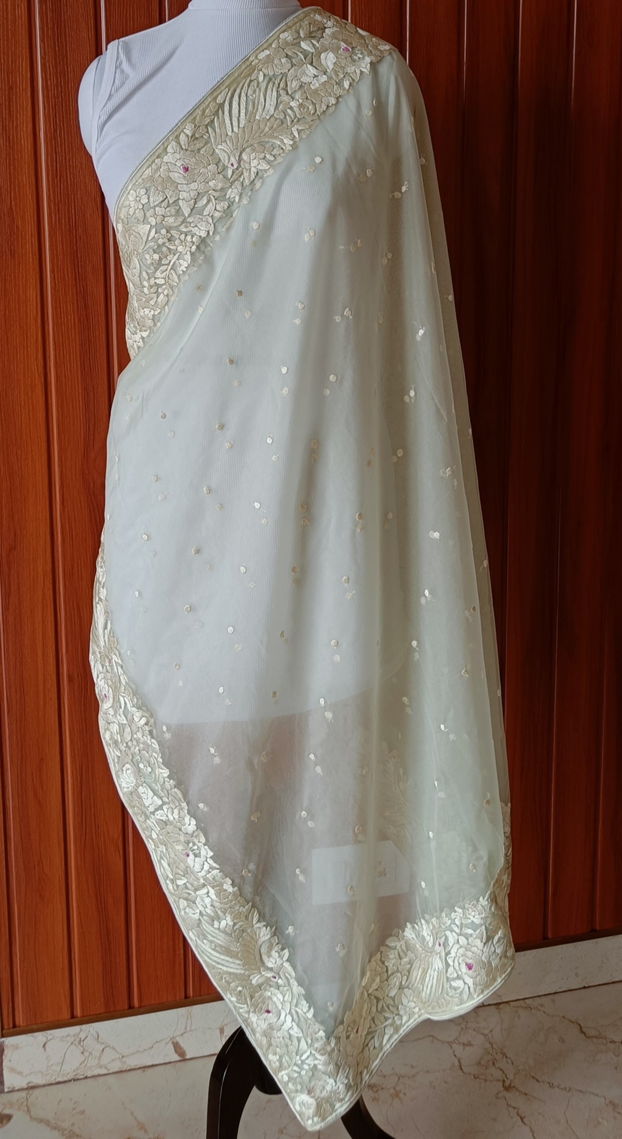 Mint Green Organza Dupatta with Parsi Gara Hand Embroidery