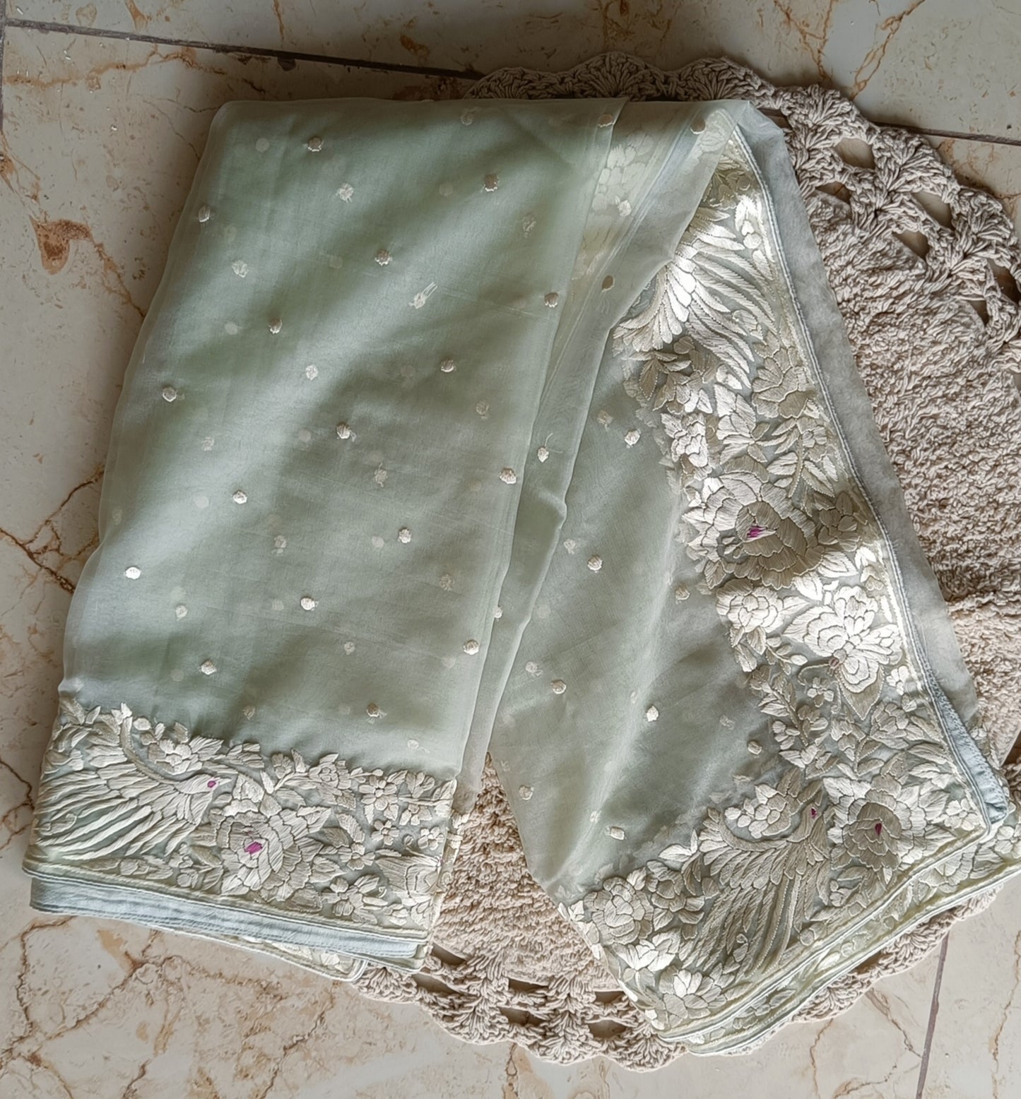 Mint Green Organza Dupatta with Parsi Gara Hand Embroidery