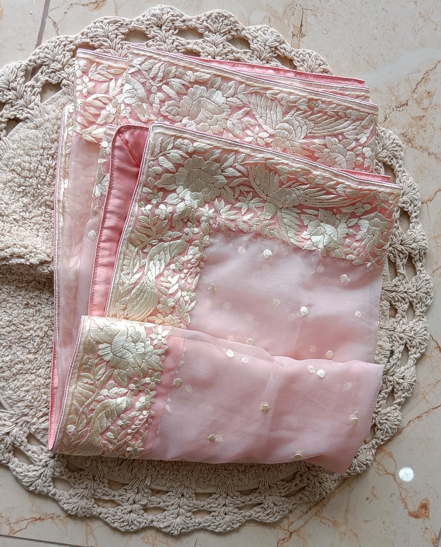 Pink Organza Dupatta with Parsi Gara Hand Embroidery