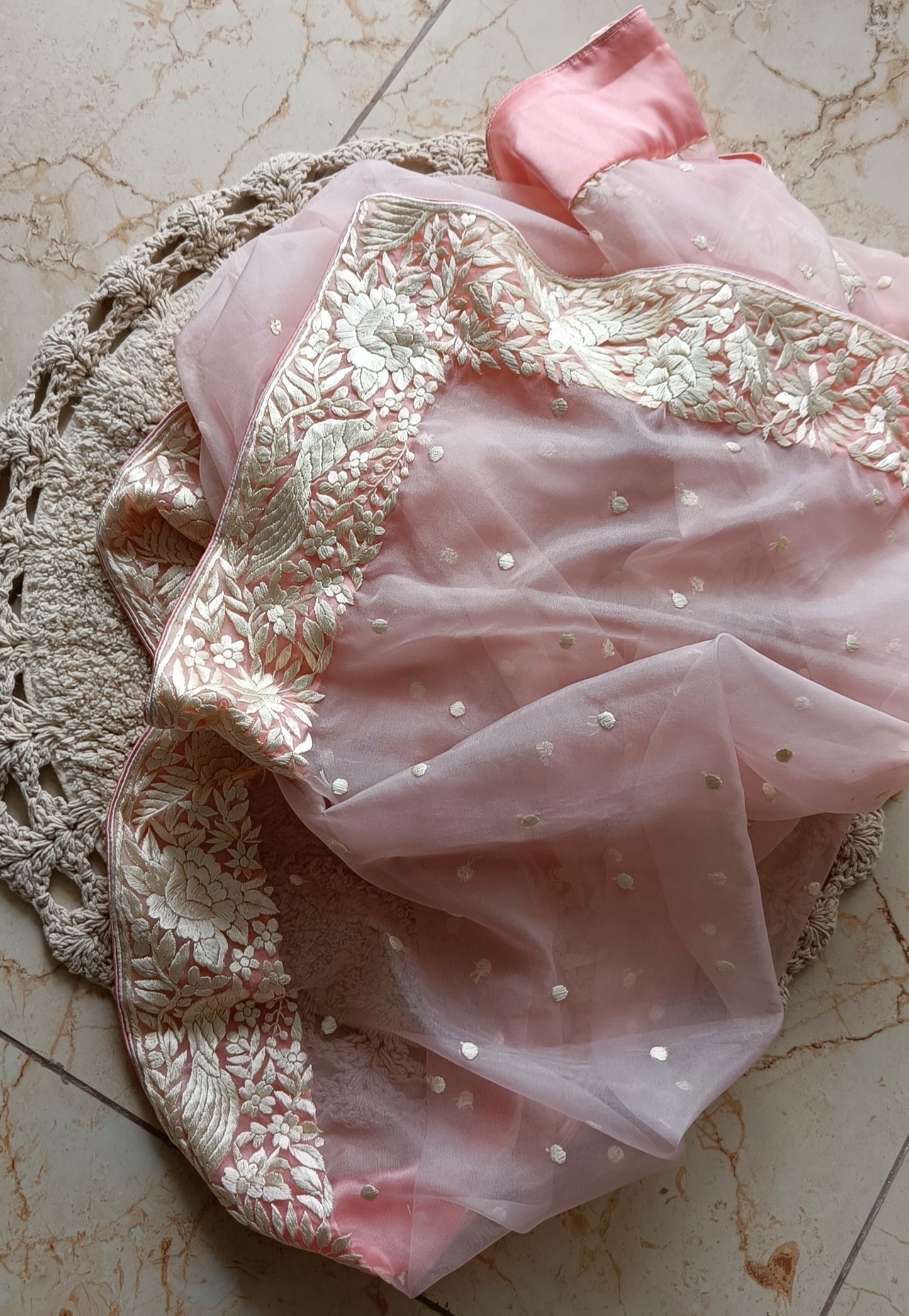 Pink Organza Dupatta with Parsi Gara Hand Embroidery