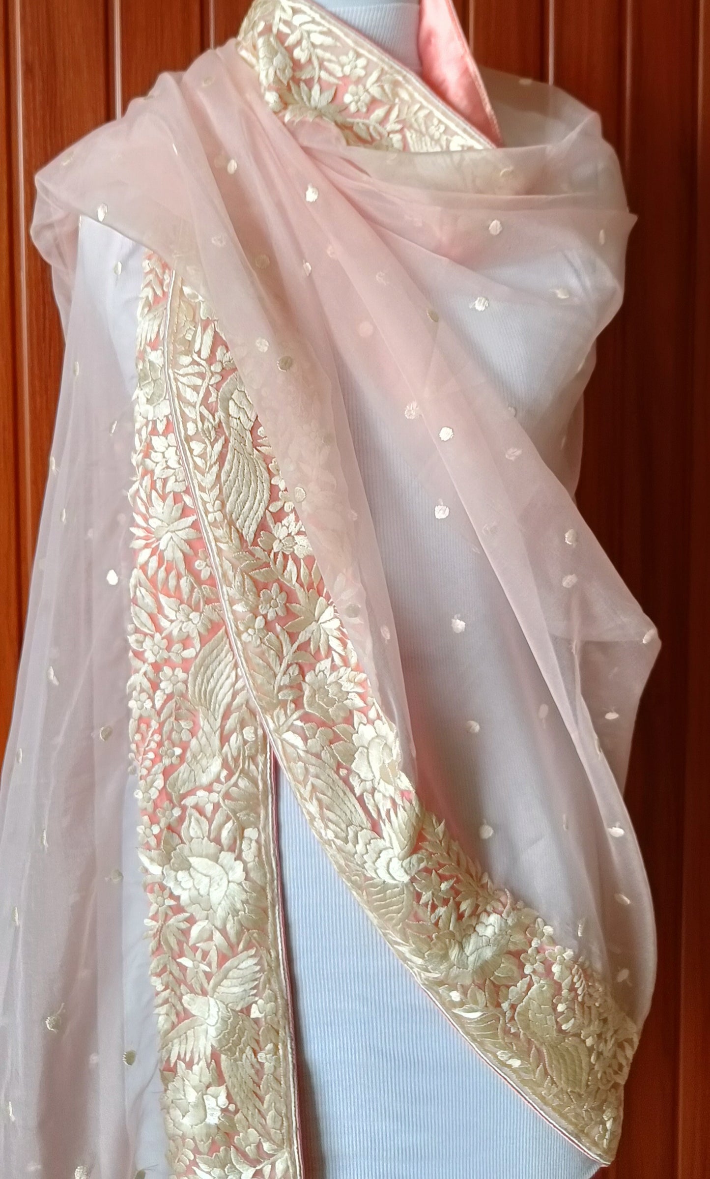 Pink Organza Dupatta with Parsi Gara Hand Embroidery