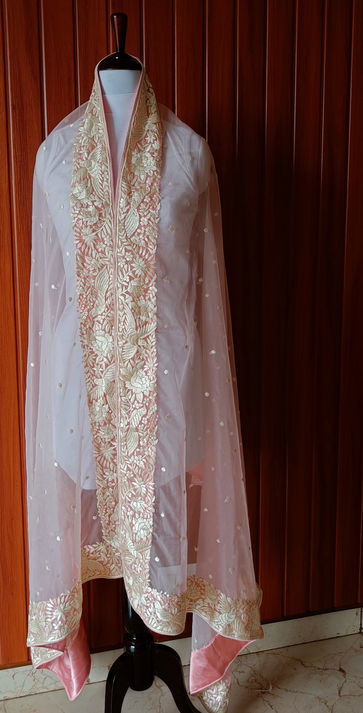 Pink Organza Dupatta with Parsi Gara Hand Embroidery