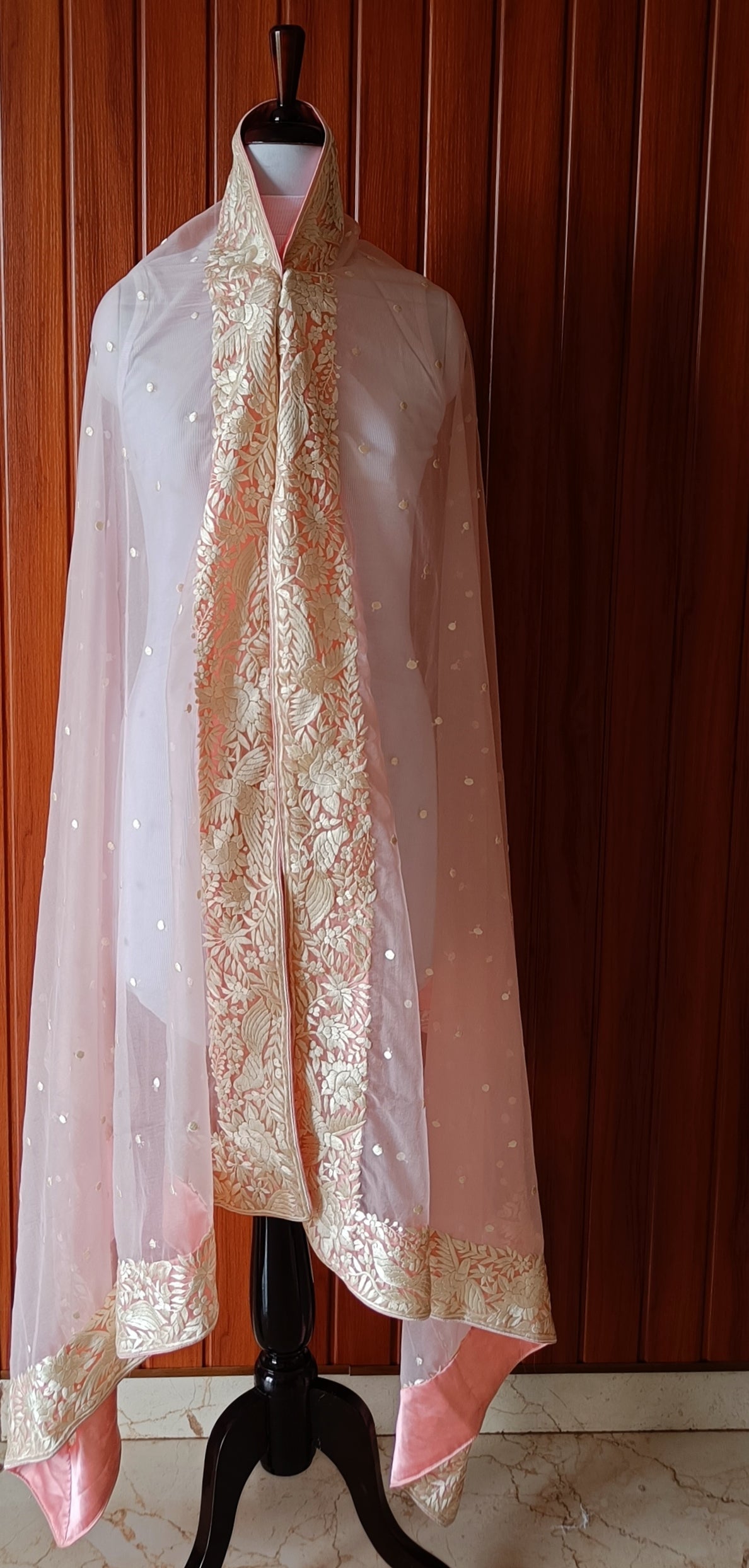 Pink Organza Dupatta with Parsi Gara Hand Embroidery