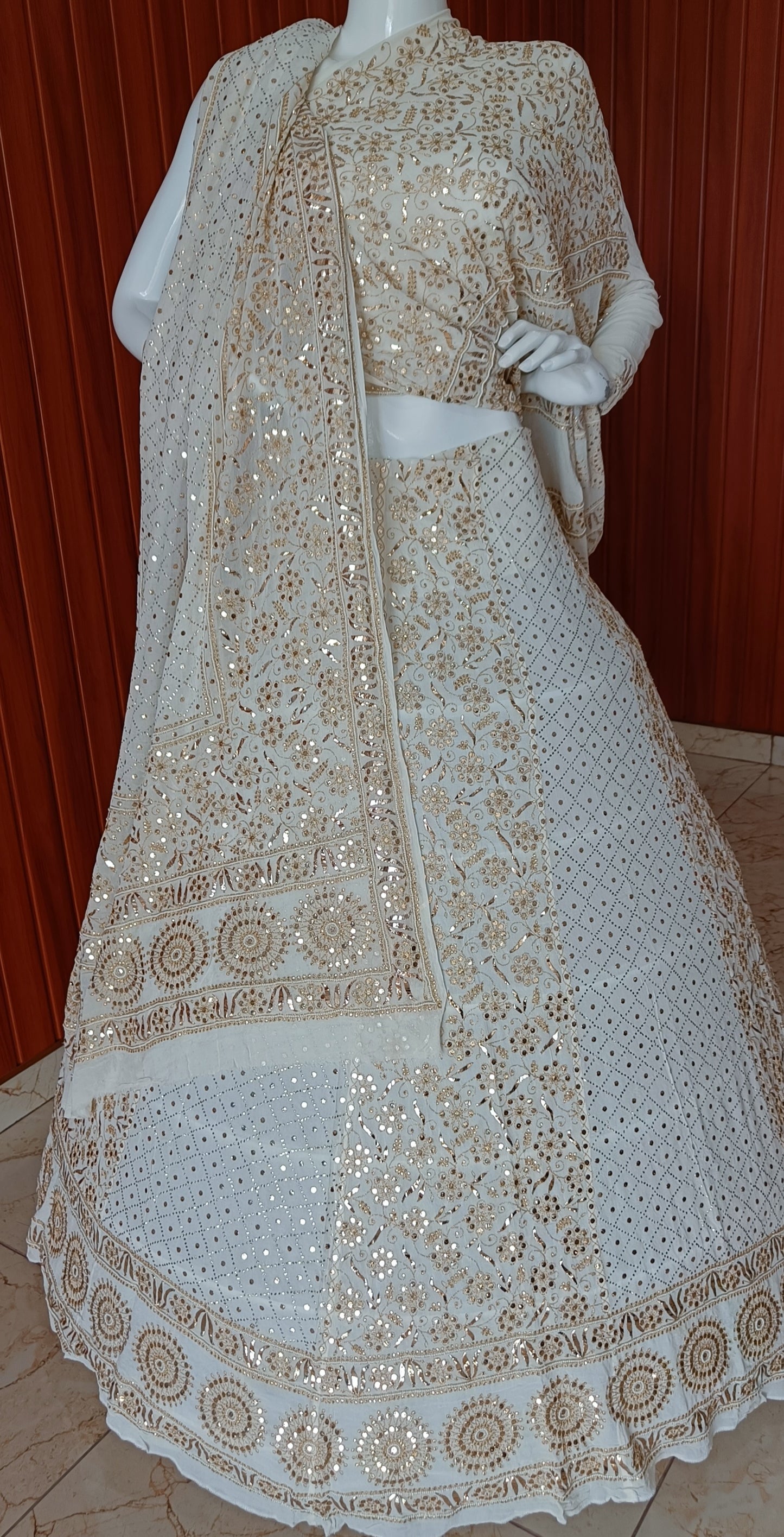 Ruhani Golden Aari and Mukaish work Pure Georgette Wedding Lehenga