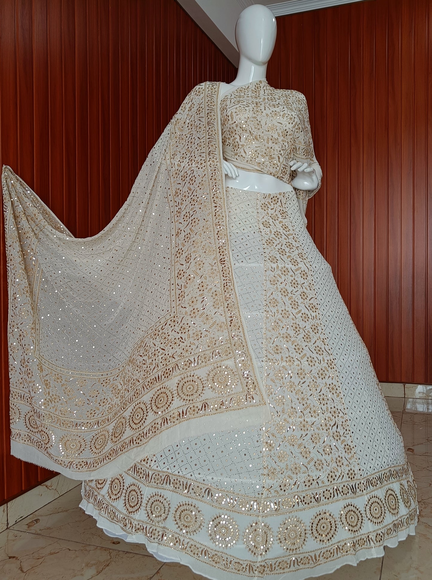 Ruhani Golden Aari and Mukaish work Pure Georgette Wedding Lehenga