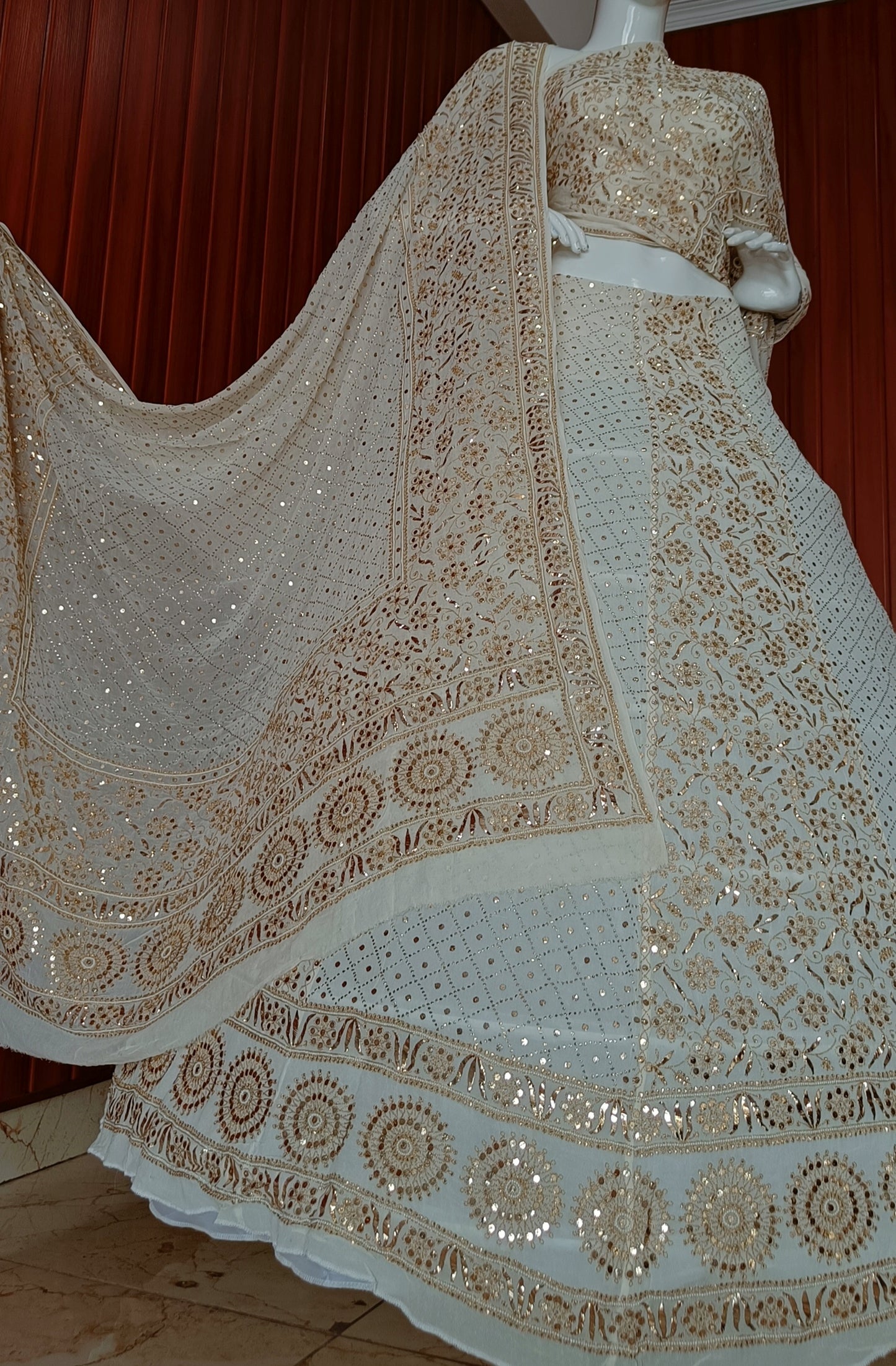 Ruhani Golden Aari and Mukaish work Pure Georgette Wedding Lehenga