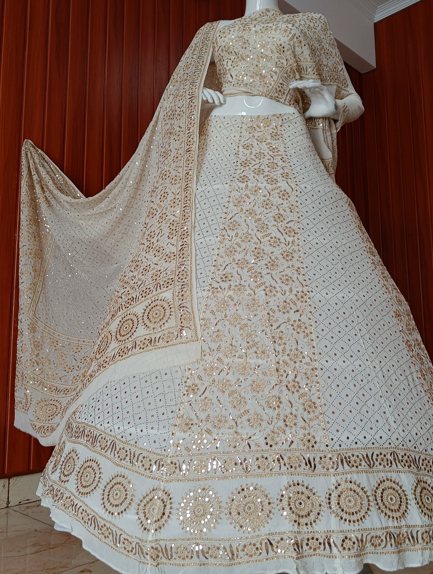 Ruhani Golden Aari and Mukaish work Pure Georgette Wedding Lehenga