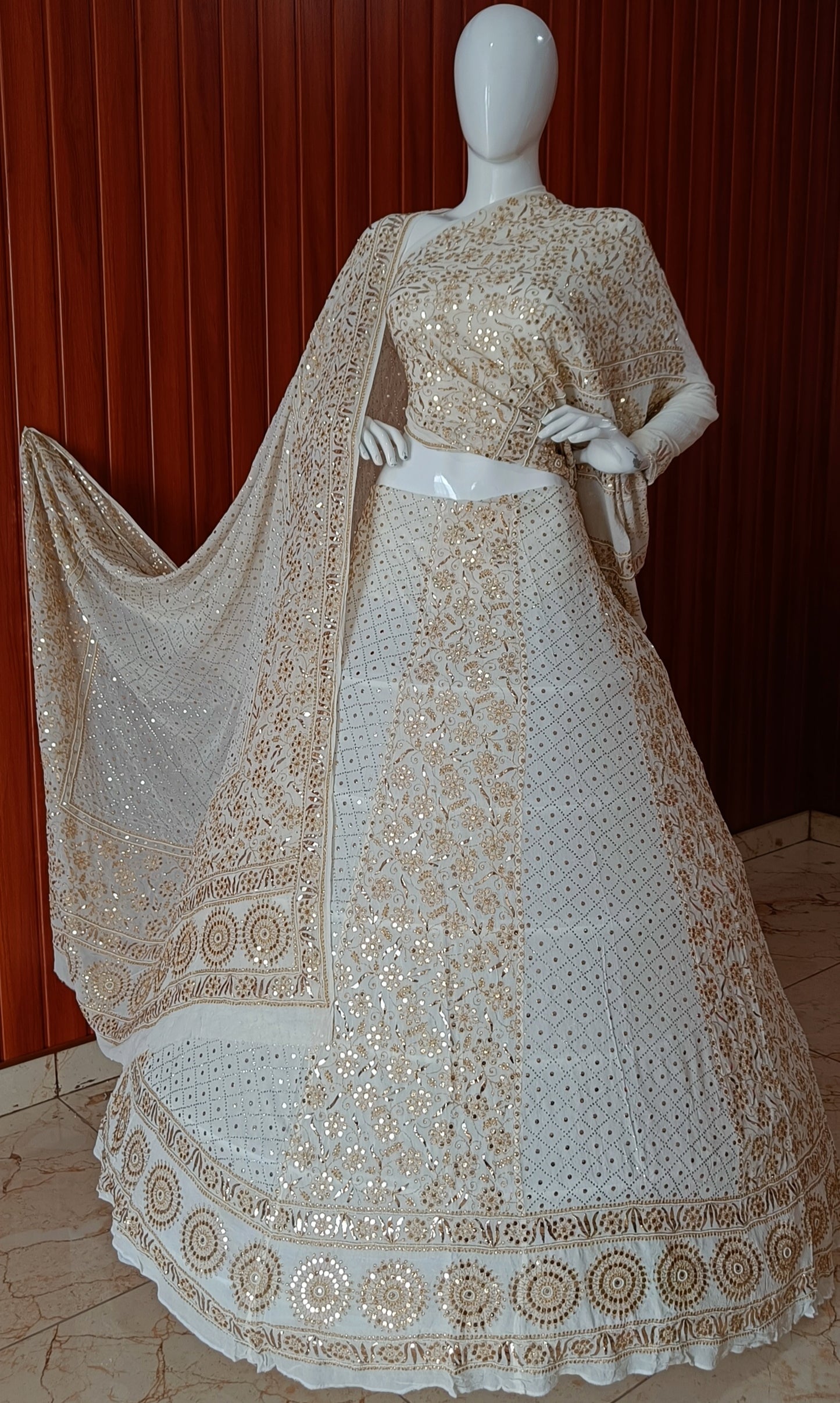 Ruhani Golden Aari and Mukaish work Pure Georgette Wedding Lehenga