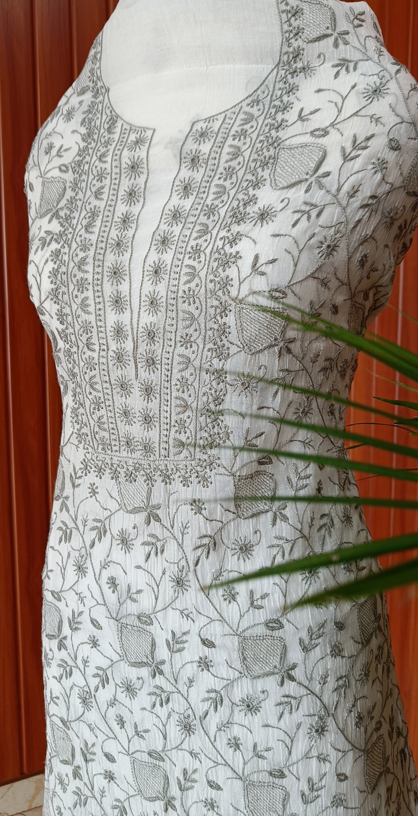 Off White and Grey Mulmul Chanderi fine Chikankari kurta and dupatta