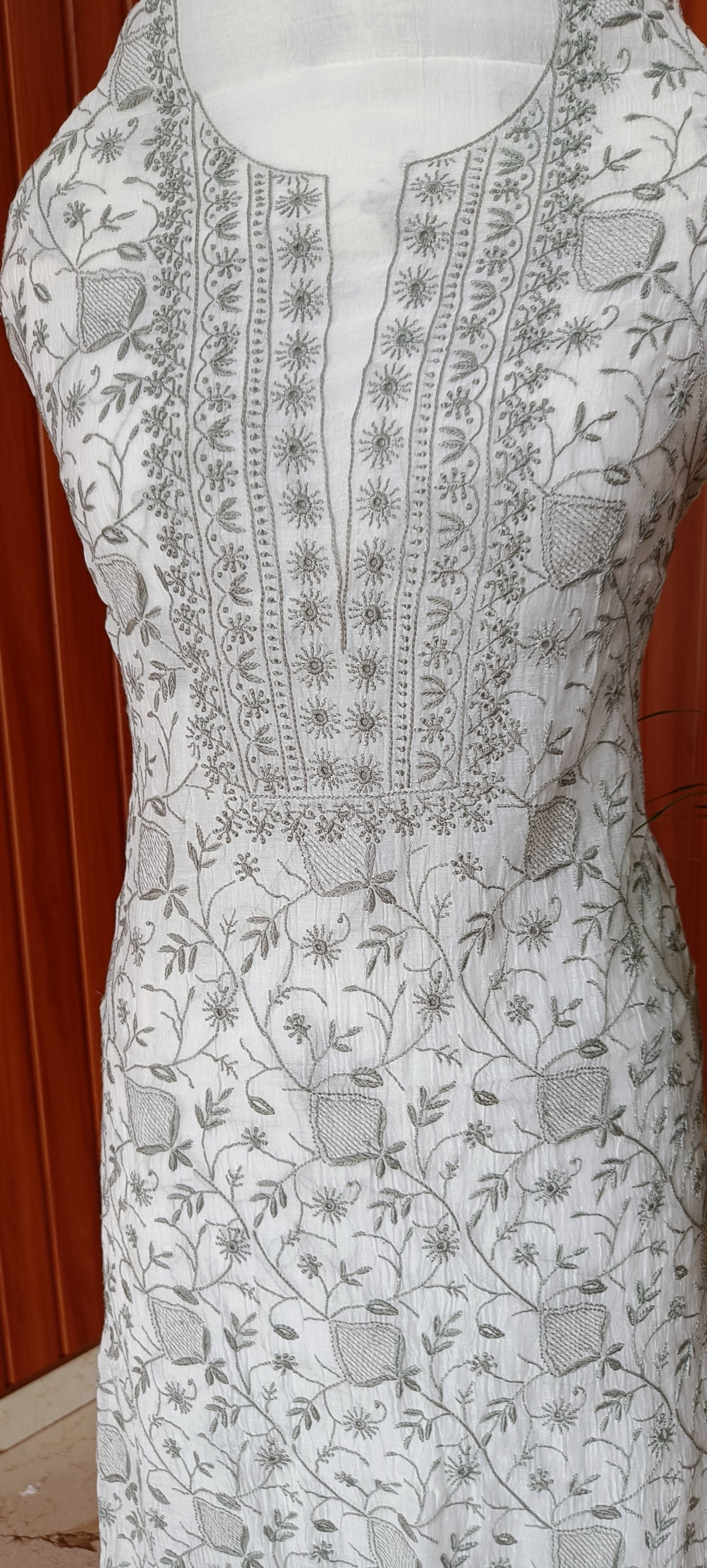 Off White and Grey Mulmul Chanderi fine Chikankari kurta and dupatta