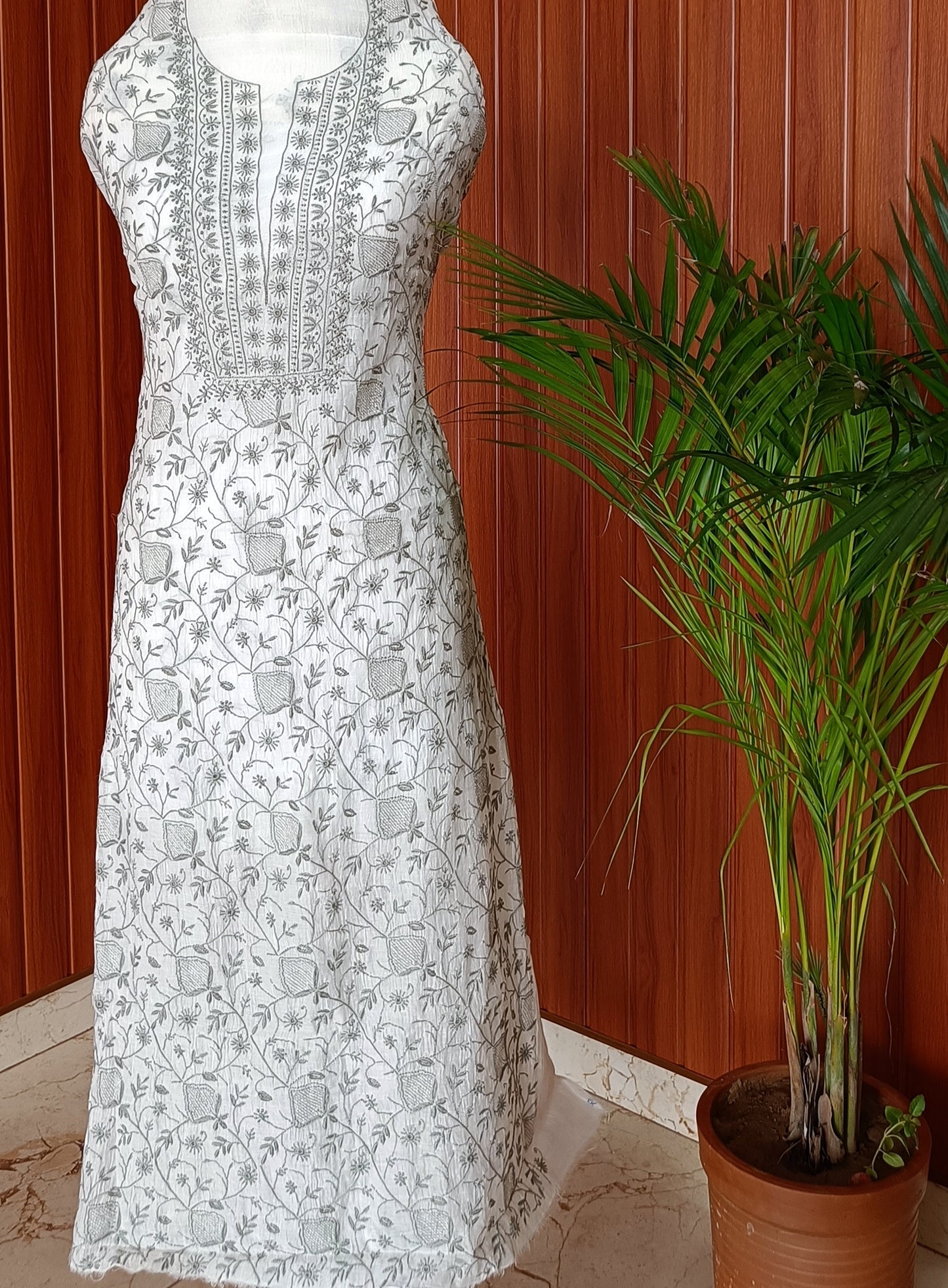 Off White and Grey Mulmul Chanderi fine Chikankari kurta and dupatta