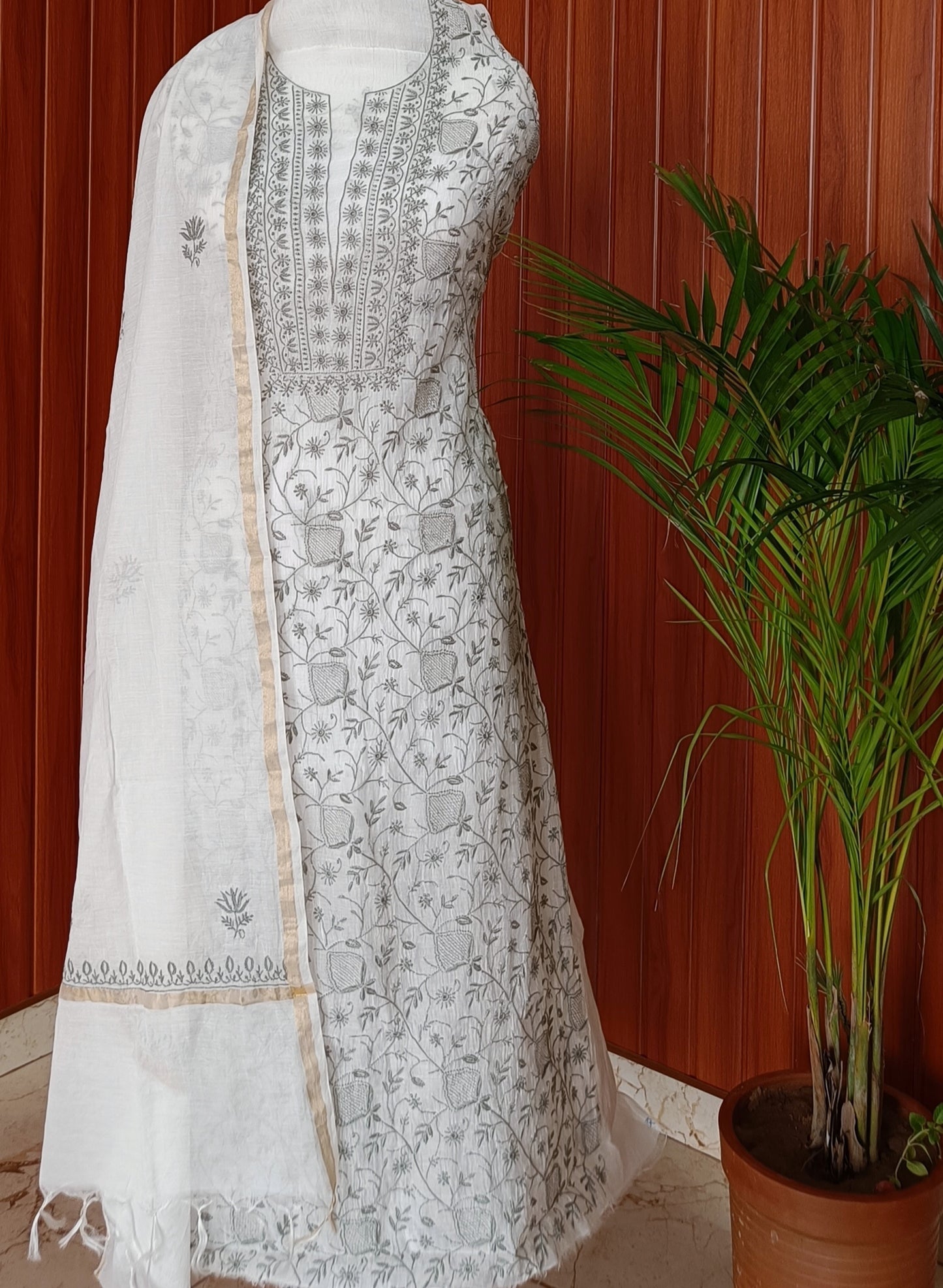 Off White and Grey Mulmul Chanderi fine Chikankari kurta and dupatta
