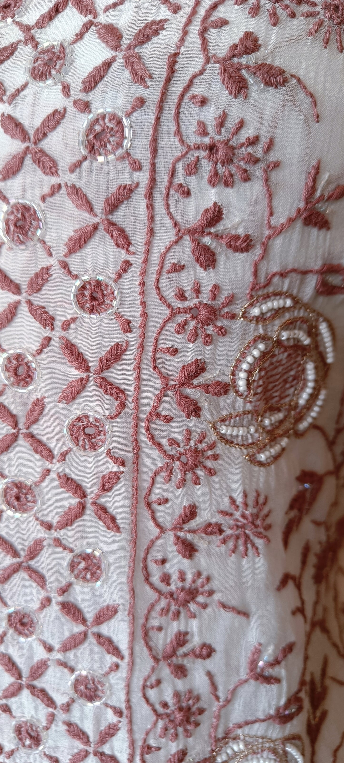 Off White and Pink Mulmul Chanderi fine Chikankari and Pearl Embroidered Suit