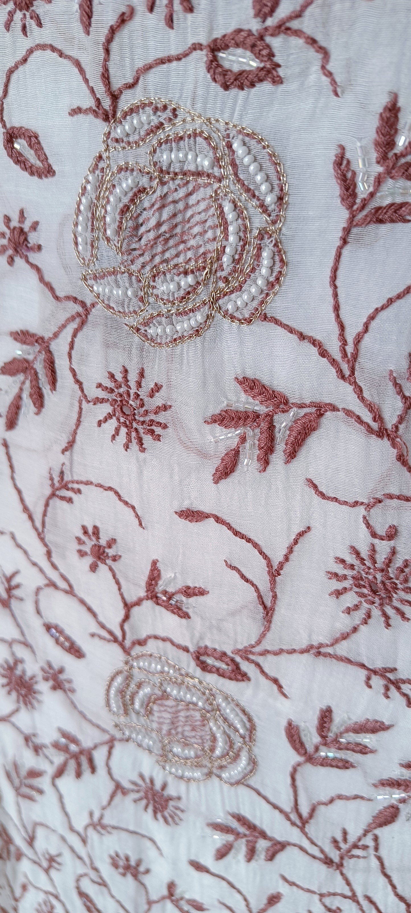 Off White and Pink Mulmul Chanderi fine Chikankari and Pearl Embroidered Suit