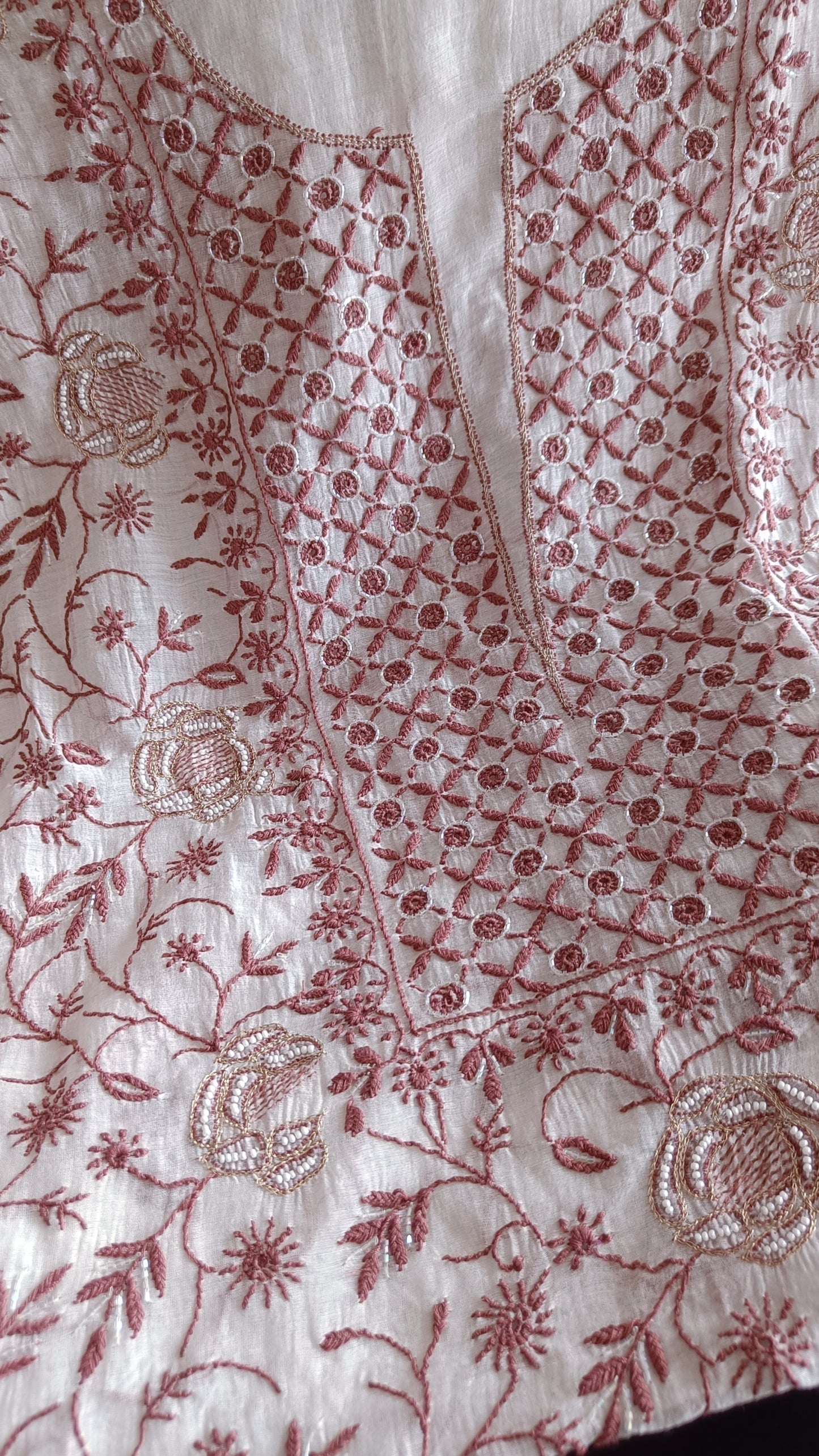 Off White and Pink Mulmul Chanderi fine Chikankari and Pearl Embroidered Suit