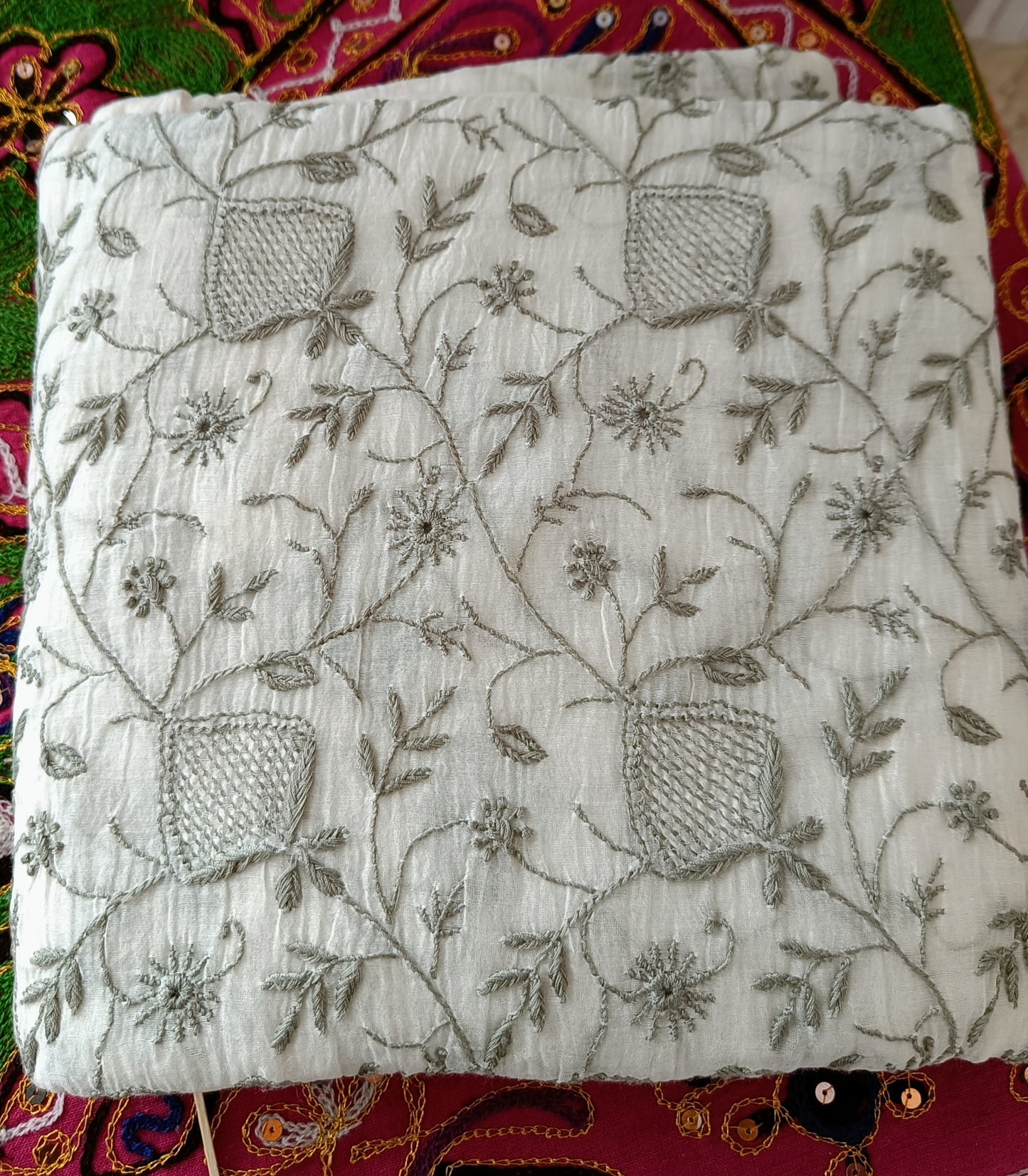 Off White and Grey Mulmul Chanderi fine Chikankari kurta and dupatta