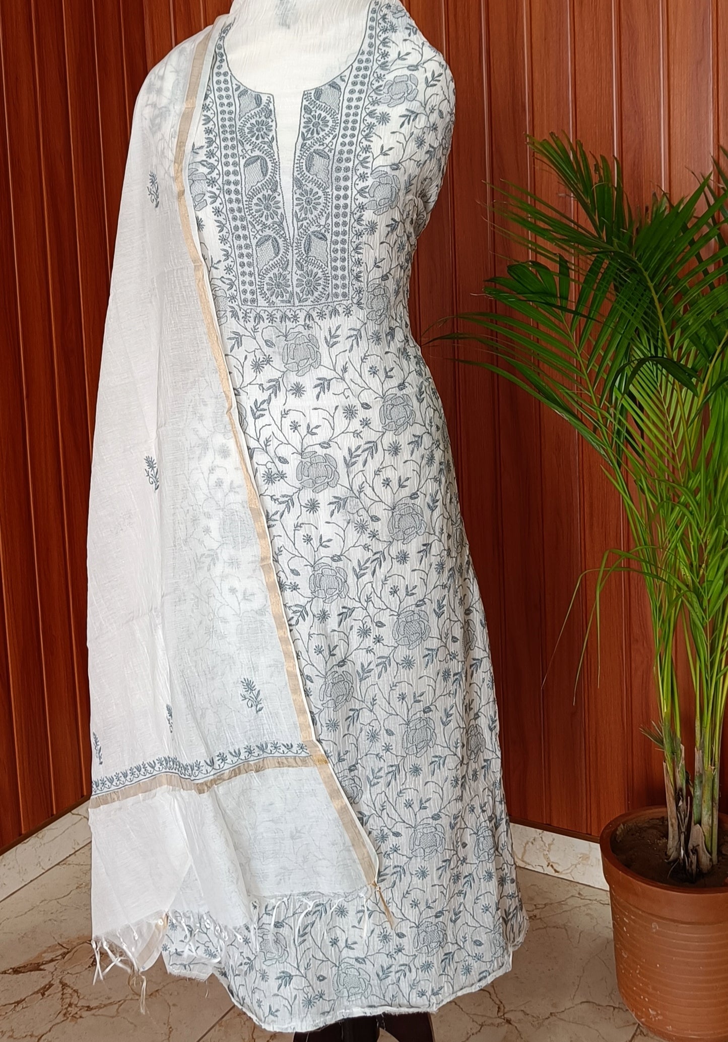 Off White and Bluish Grey Mulmul Chanderi fine Chikankari kurta and dupatta