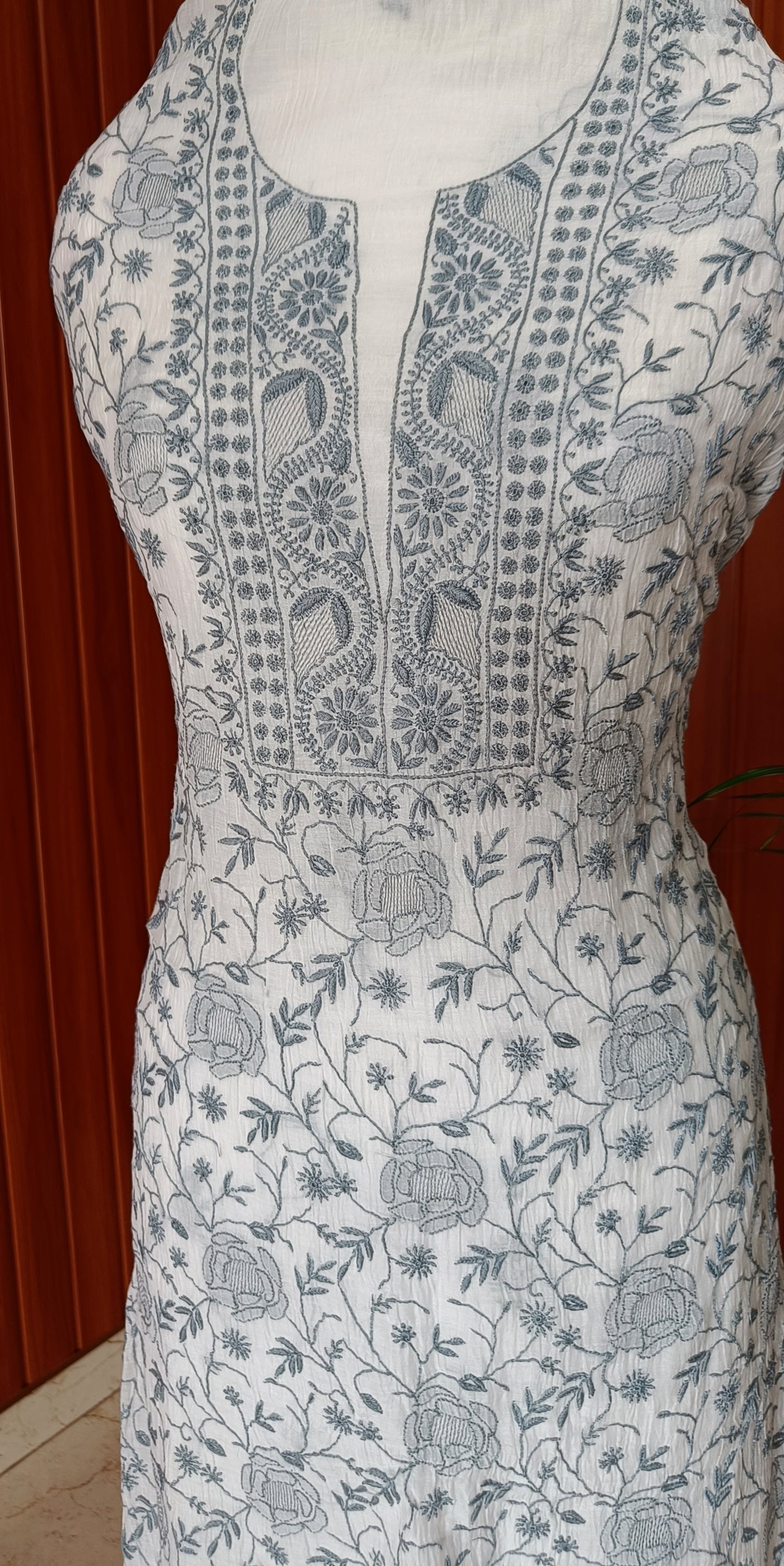 Off White and Bluish Grey Mulmul Chanderi fine Chikankari kurta and dupatta